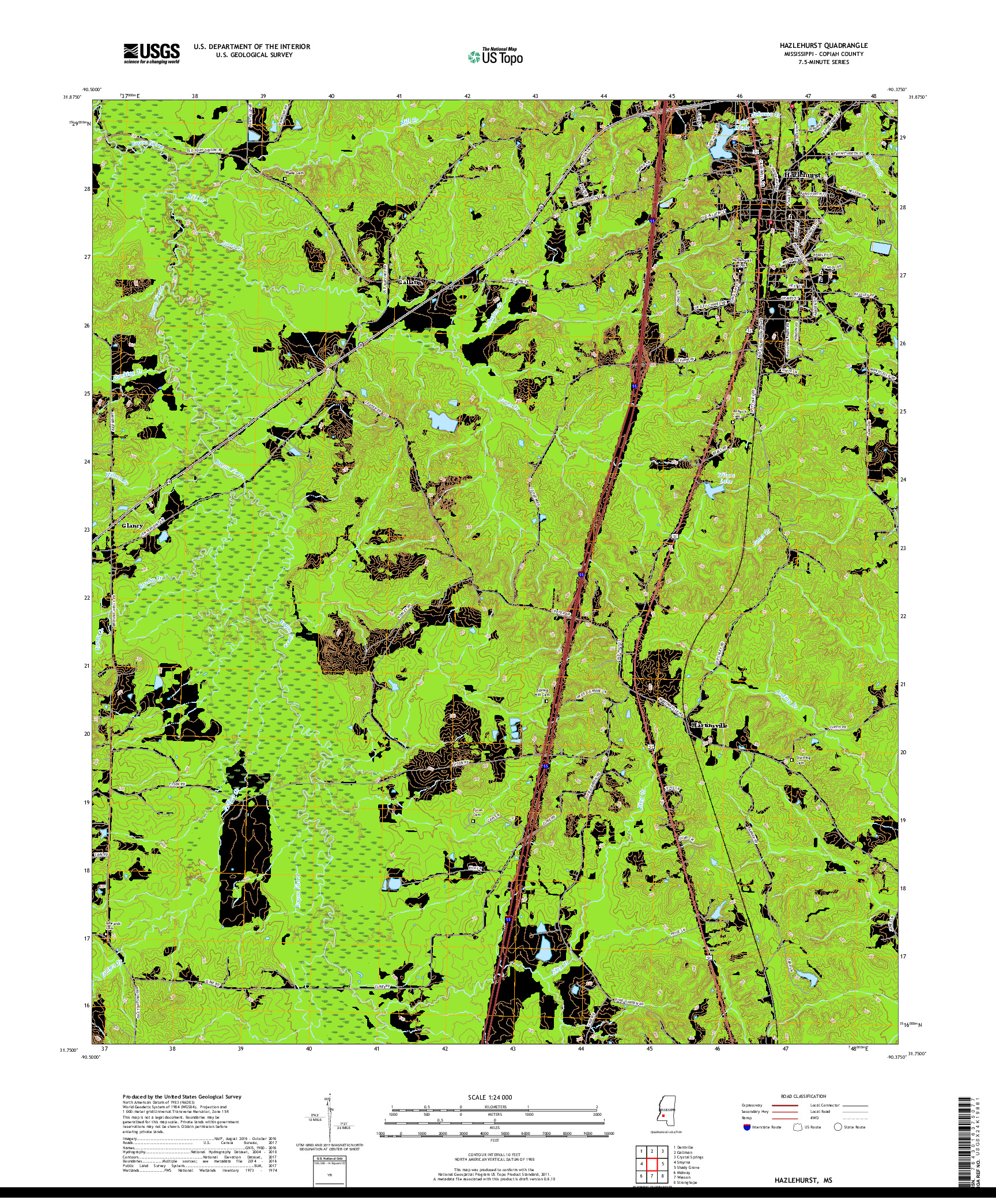 USGS US TOPO 7.5-MINUTE MAP FOR HAZLEHURST, MS 2018