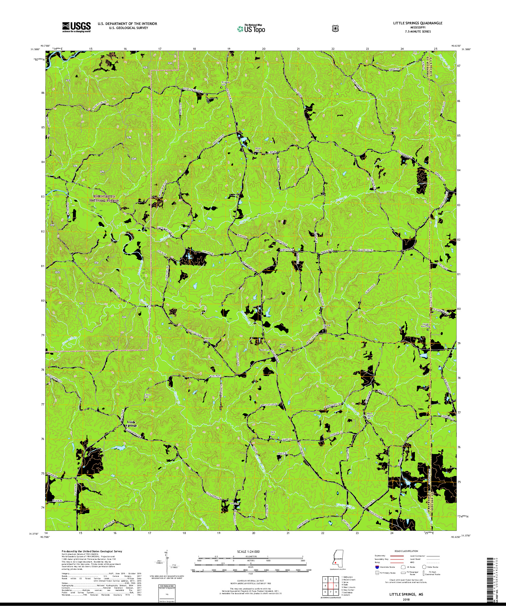 USGS US TOPO 7.5-MINUTE MAP FOR LITTLE SPRINGS, MS 2018