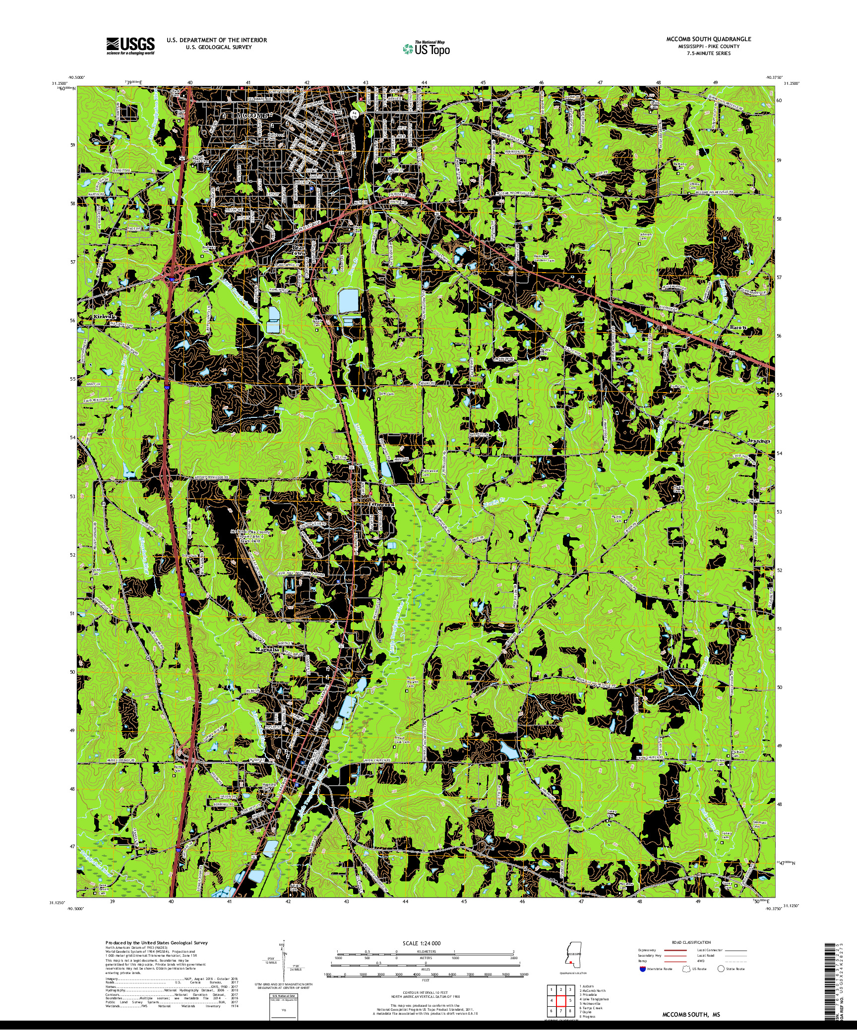 USGS US TOPO 7.5-MINUTE MAP FOR MCCOMB SOUTH, MS 2018