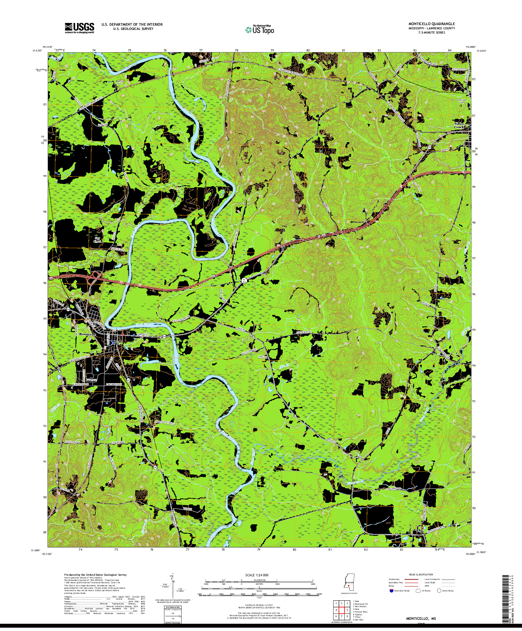 USGS US TOPO 7.5-MINUTE MAP FOR MONTICELLO, MS 2018