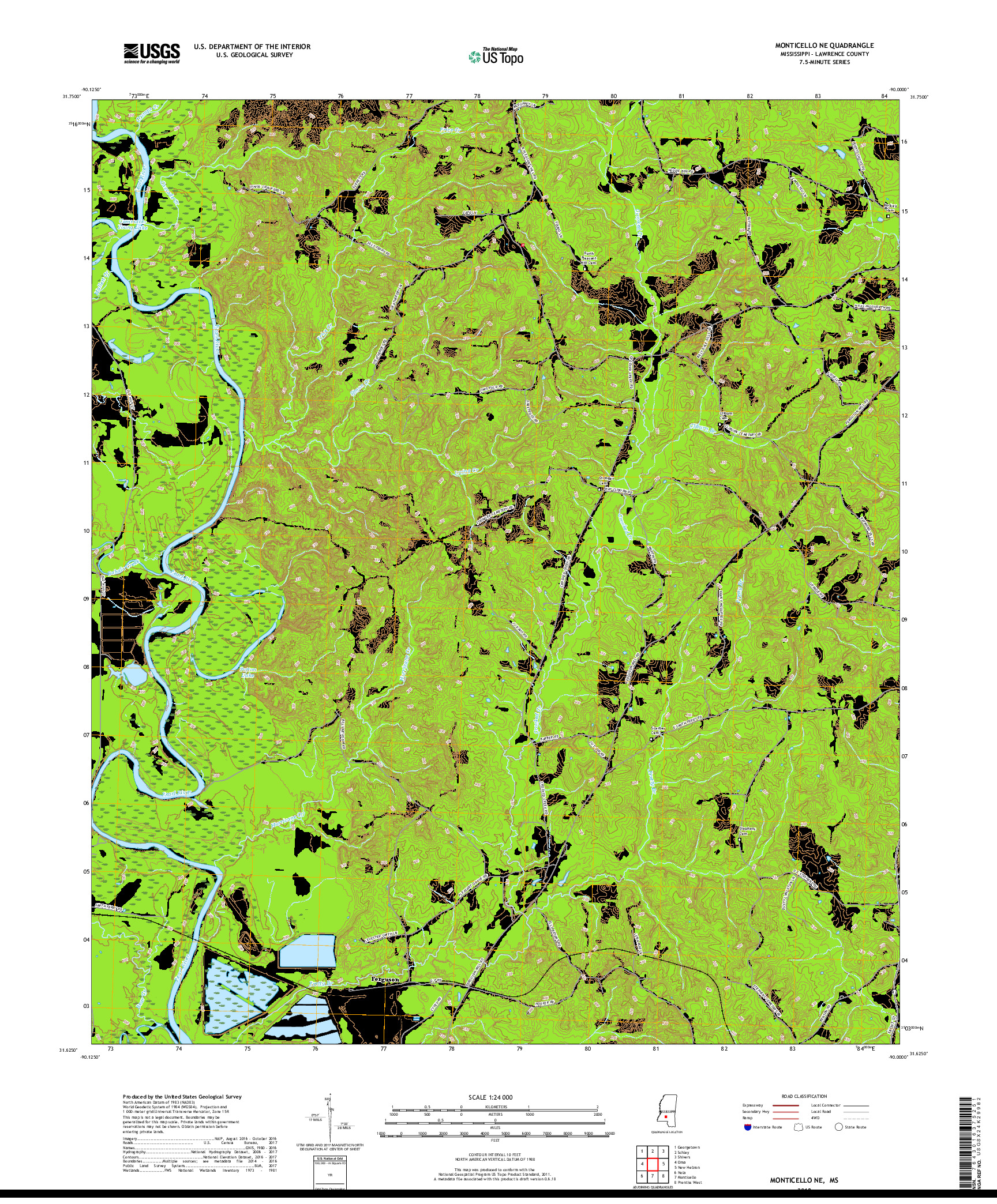 USGS US TOPO 7.5-MINUTE MAP FOR MONTICELLO NE, MS 2018