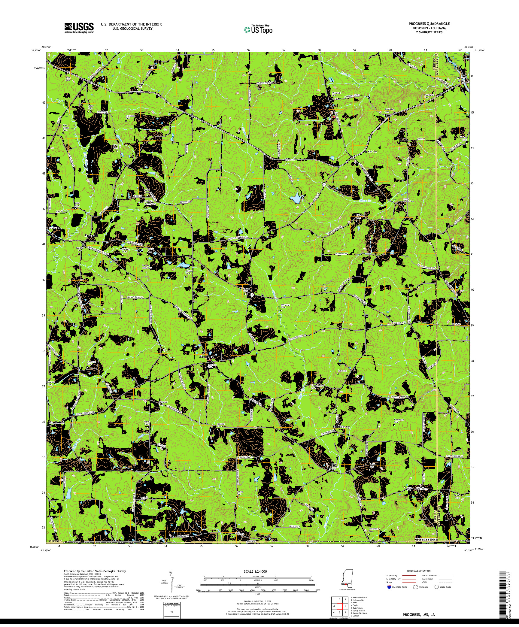 USGS US TOPO 7.5-MINUTE MAP FOR PROGRESS, MS,LA 2018