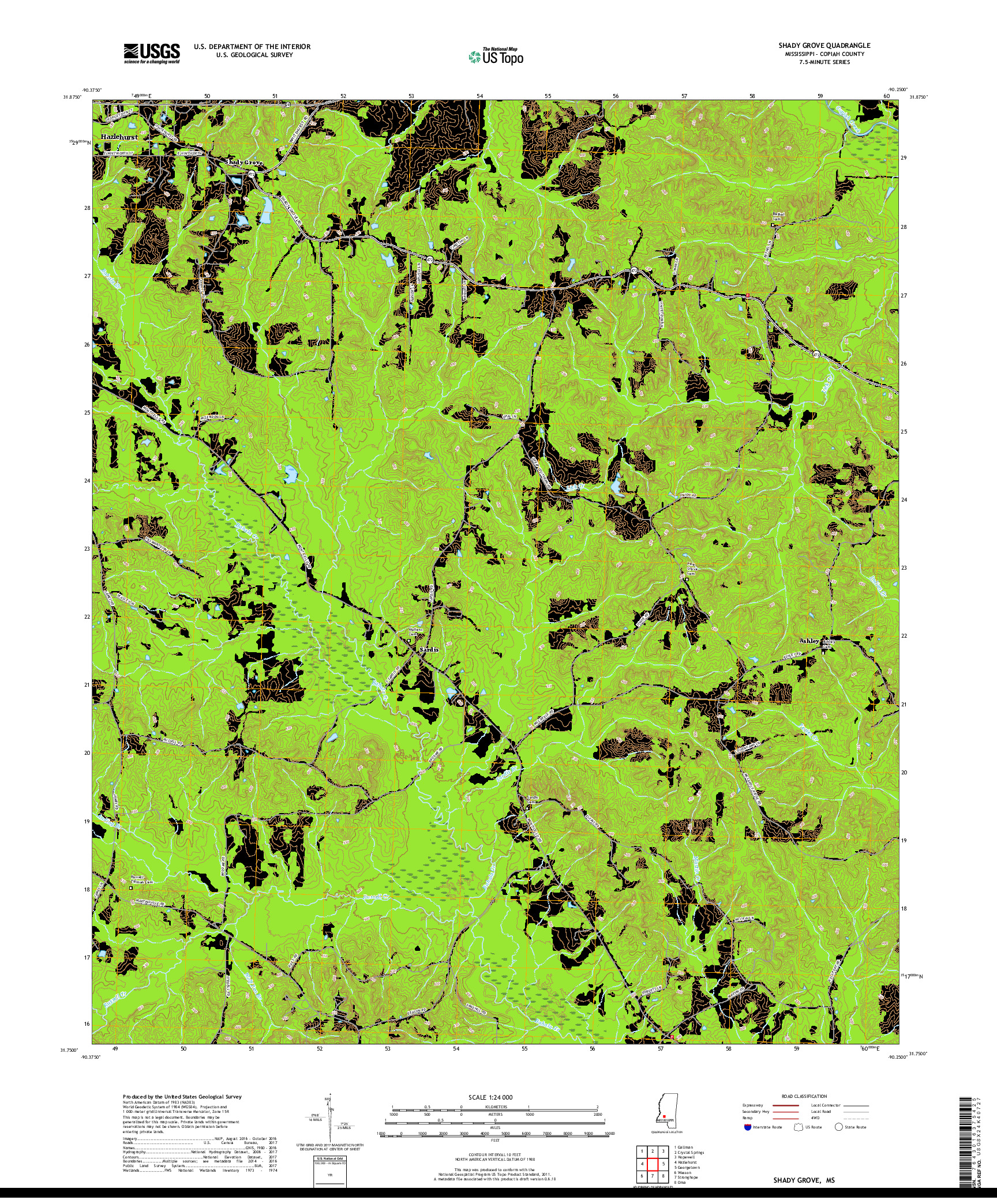 USGS US TOPO 7.5-MINUTE MAP FOR SHADY GROVE, MS 2018