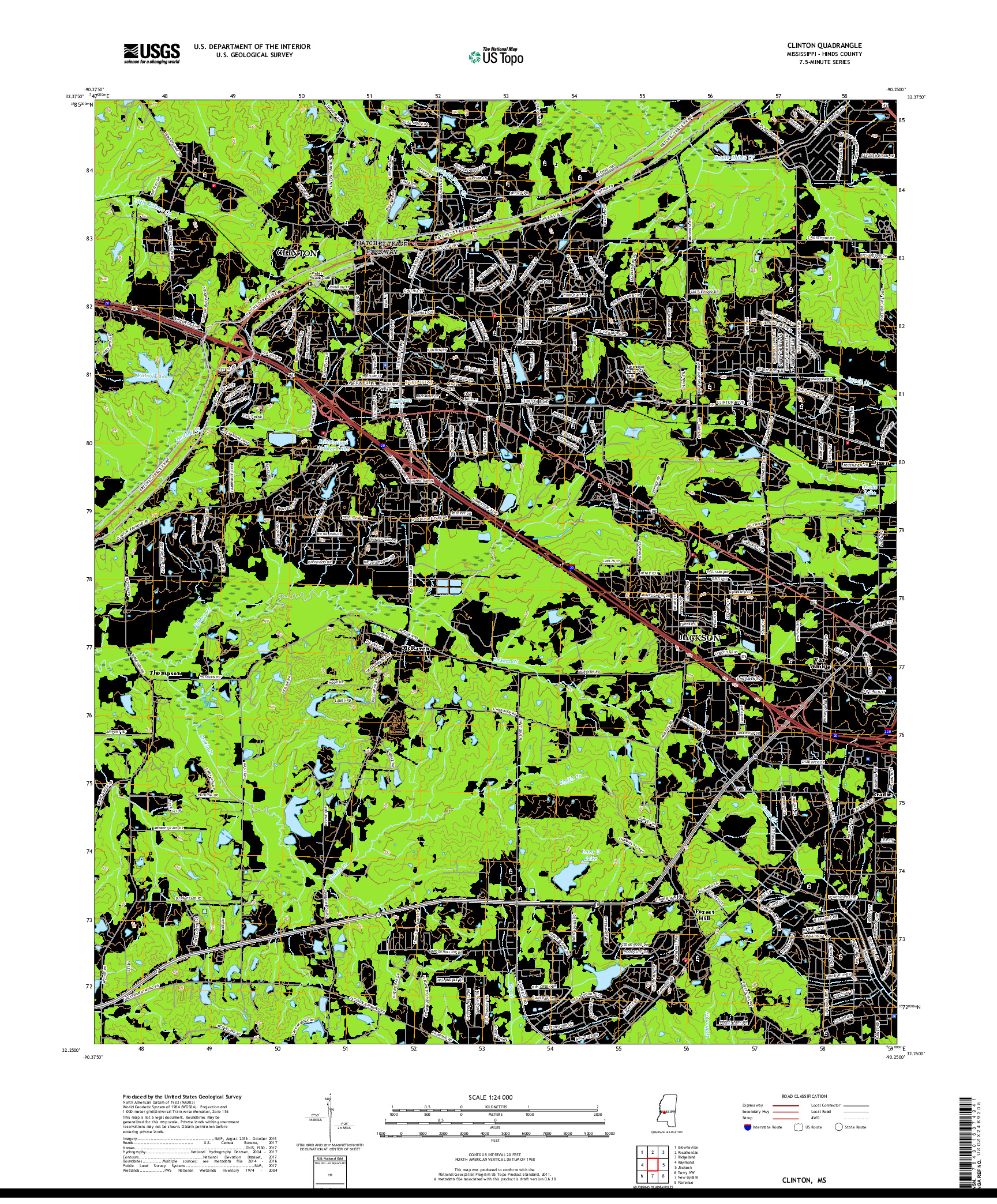 USGS US TOPO 7.5-MINUTE MAP FOR CLINTON, MS 2018