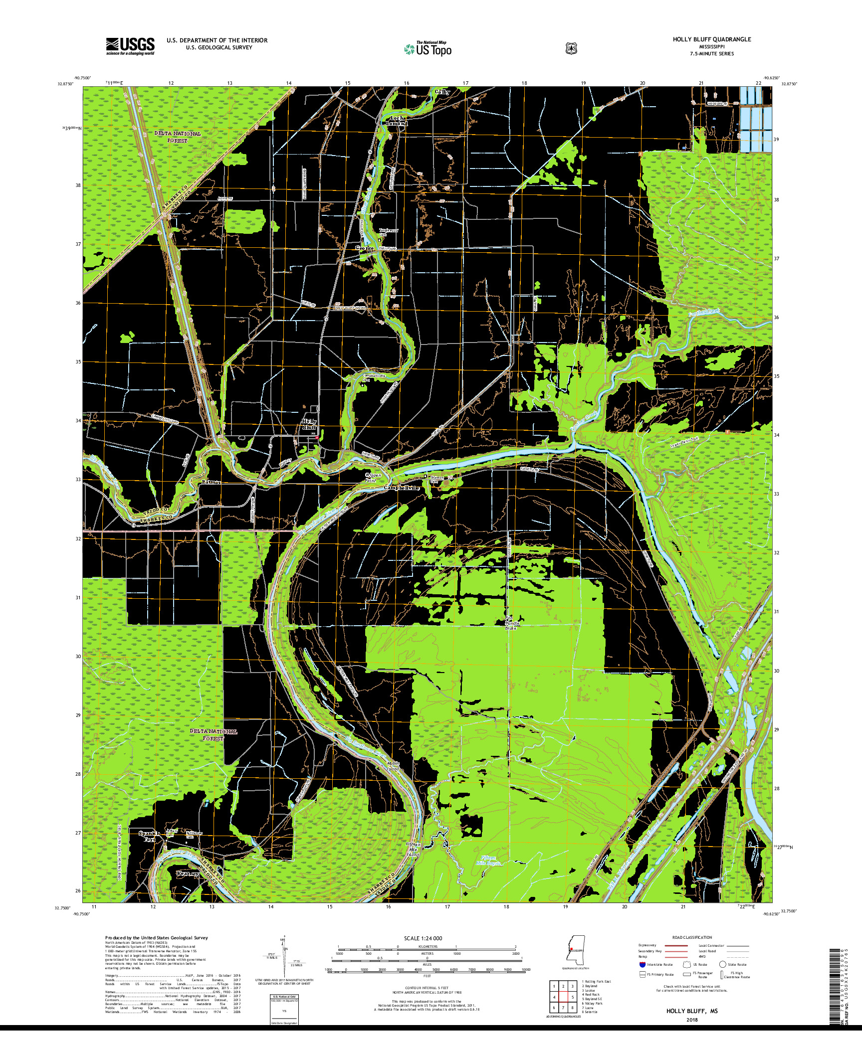 USGS US TOPO 7.5-MINUTE MAP FOR HOLLY BLUFF, MS 2018