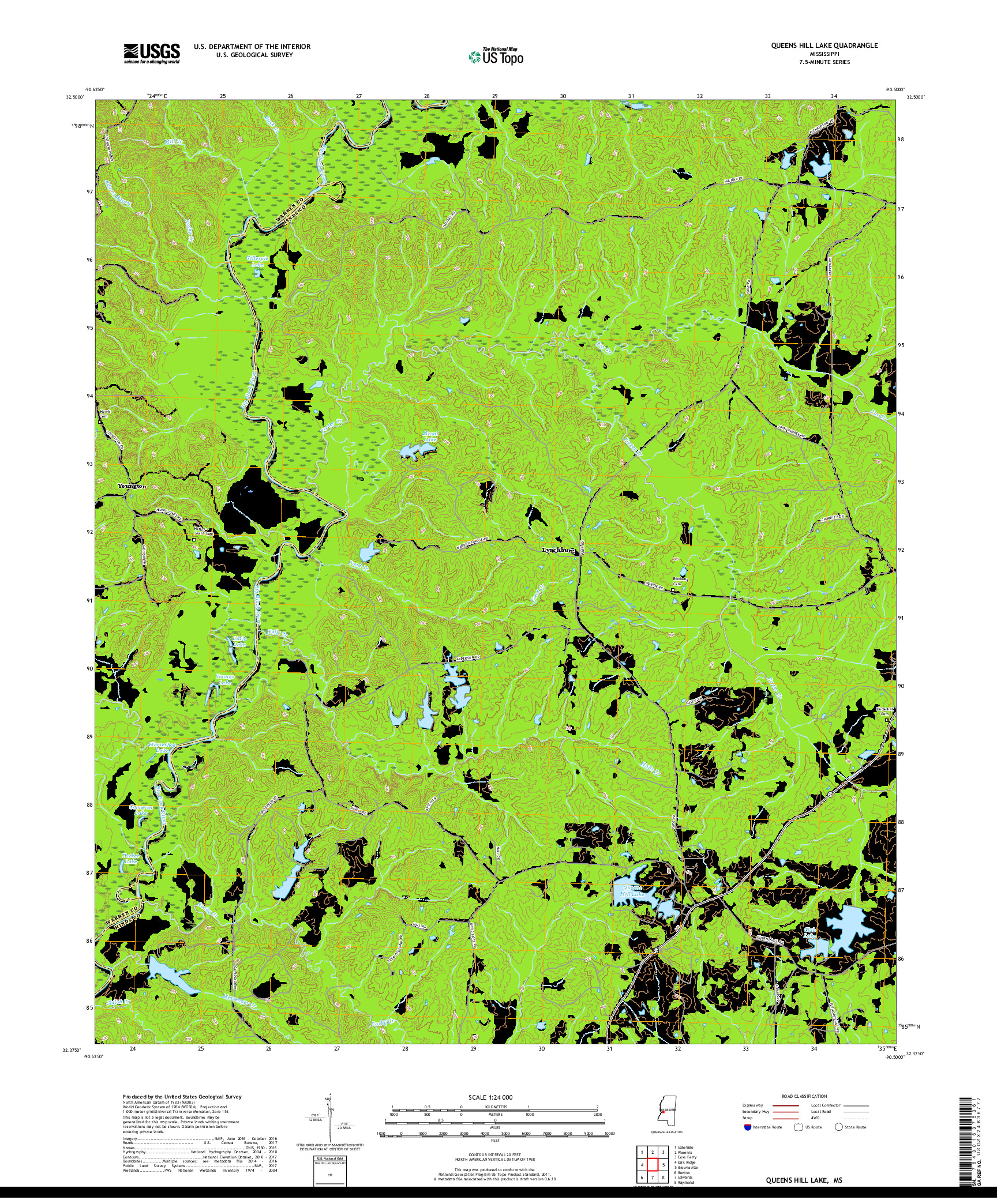 USGS US TOPO 7.5-MINUTE MAP FOR QUEENS HILL LAKE, MS 2018