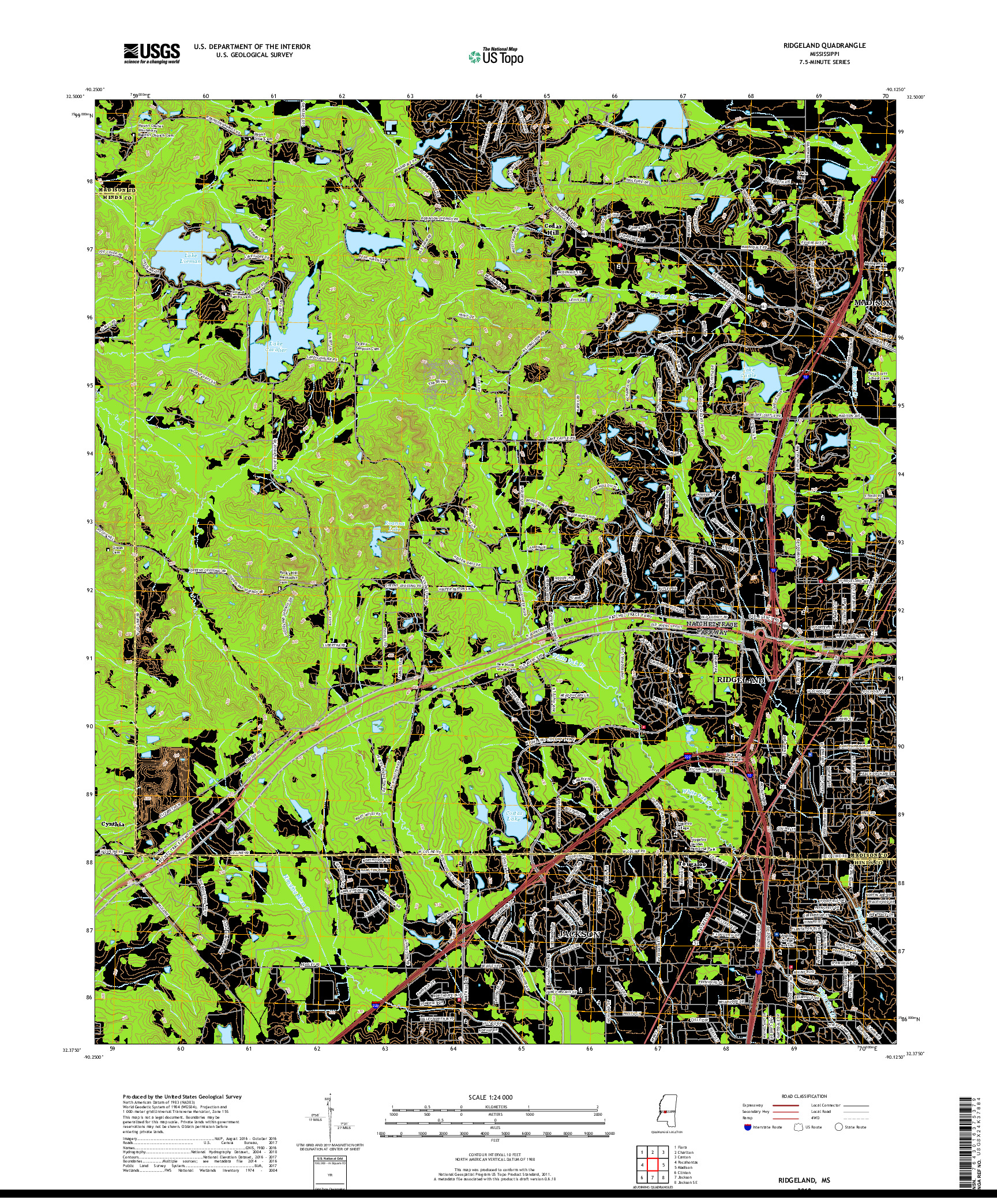 USGS US TOPO 7.5-MINUTE MAP FOR RIDGELAND, MS 2018