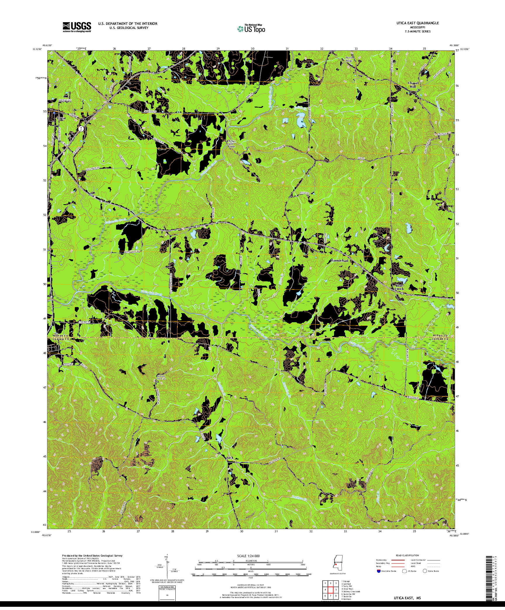 USGS US TOPO 7.5-MINUTE MAP FOR UTICA EAST, MS 2018