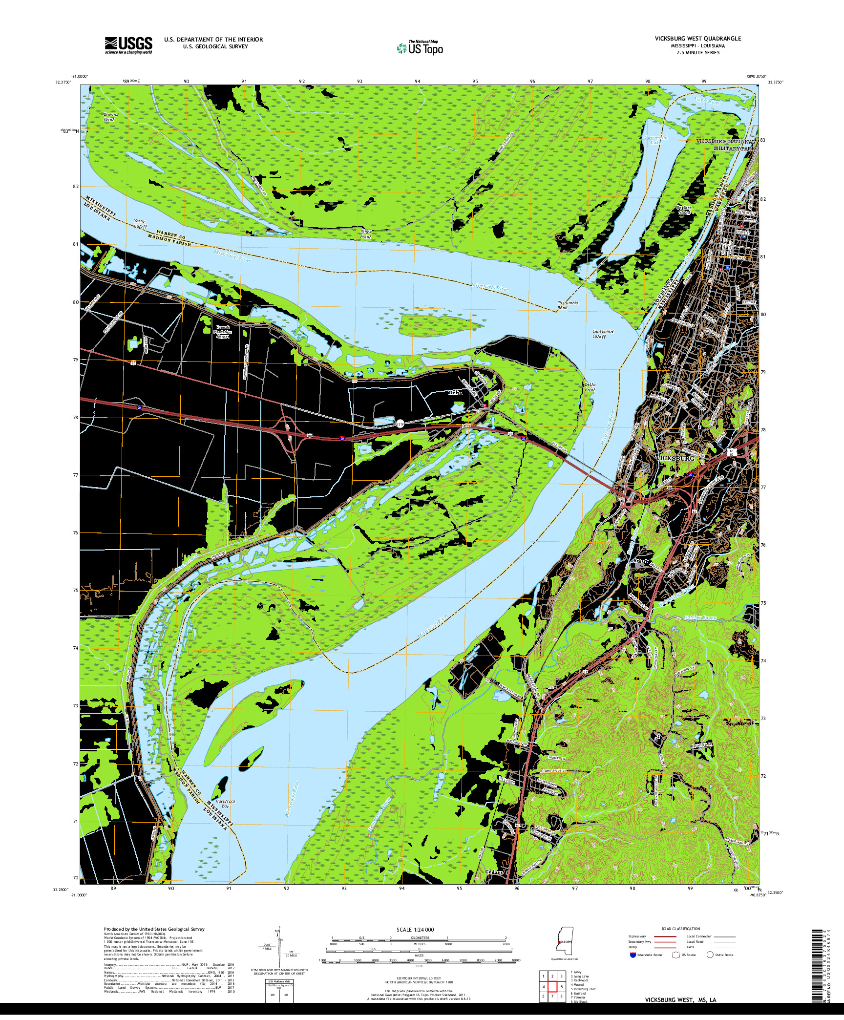 USGS US TOPO 7.5-MINUTE MAP FOR VICKSBURG WEST, MS,LA 2018