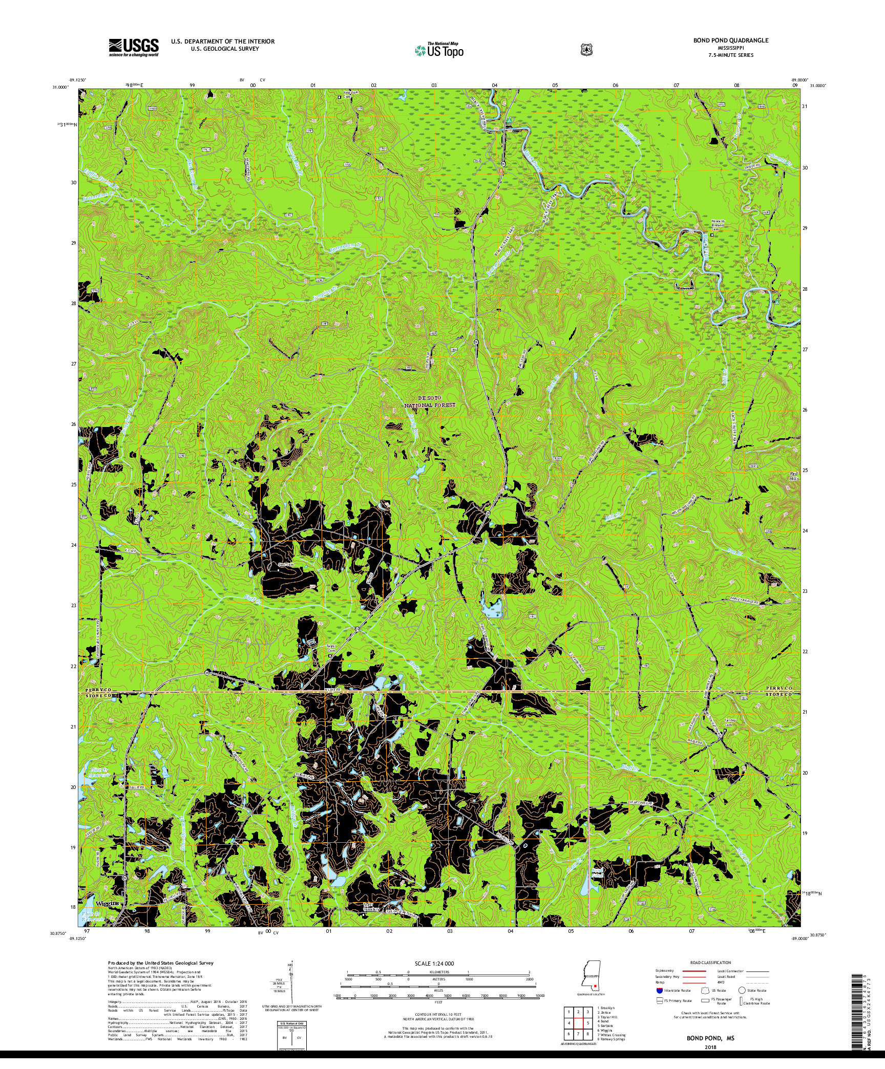 USGS US TOPO 7.5-MINUTE MAP FOR BOND POND, MS 2018