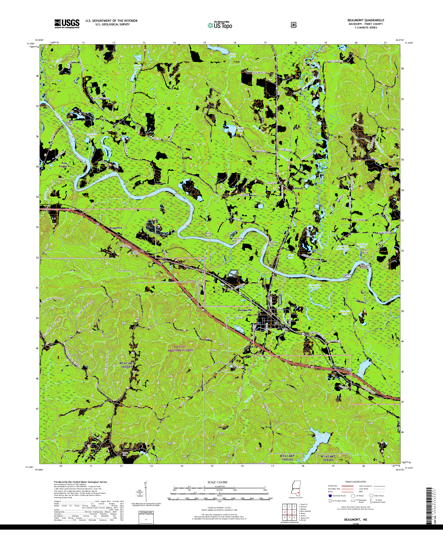 USGS US TOPO 7.5-MINUTE MAP FOR BEAUMONT, MS 2018