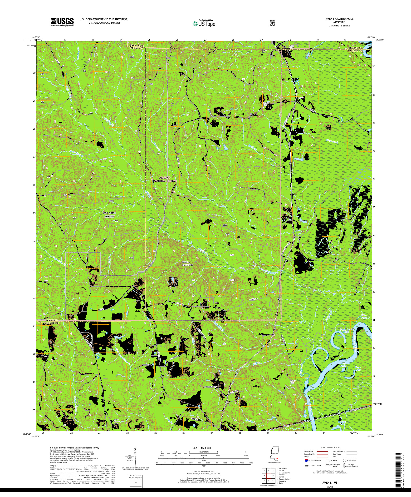 USGS US TOPO 7.5-MINUTE MAP FOR AVENT, MS 2018