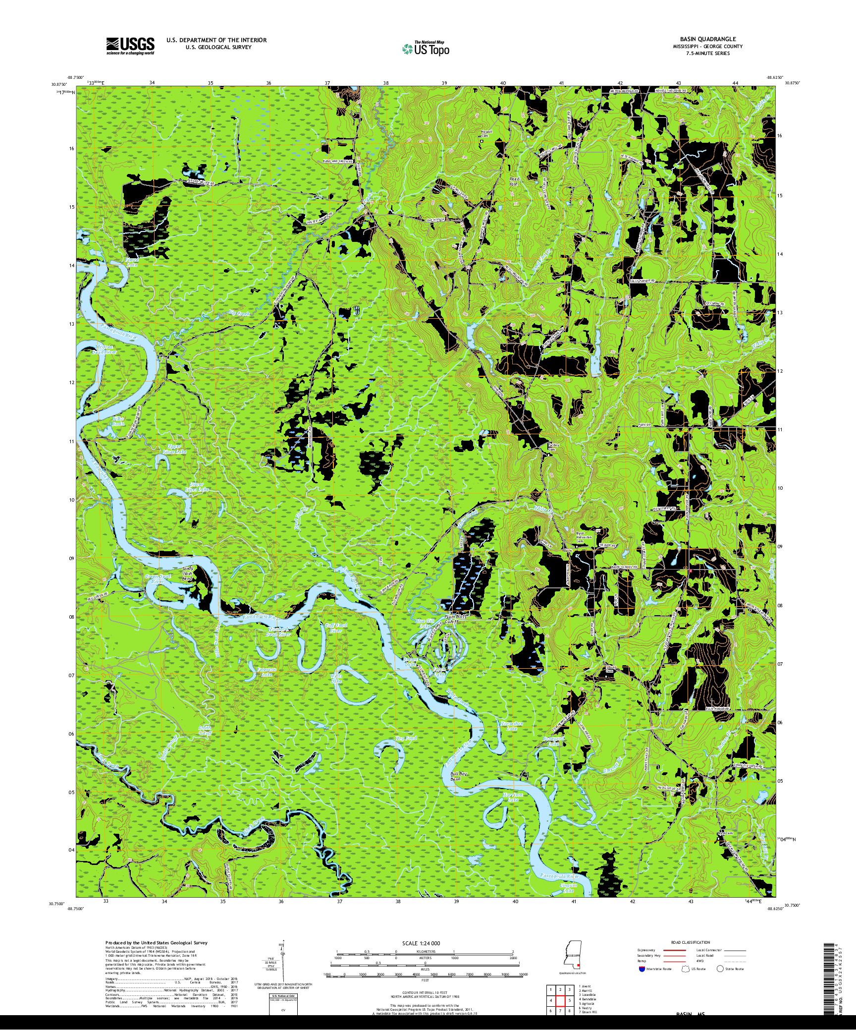 USGS US TOPO 7.5-MINUTE MAP FOR BASIN, MS 2018