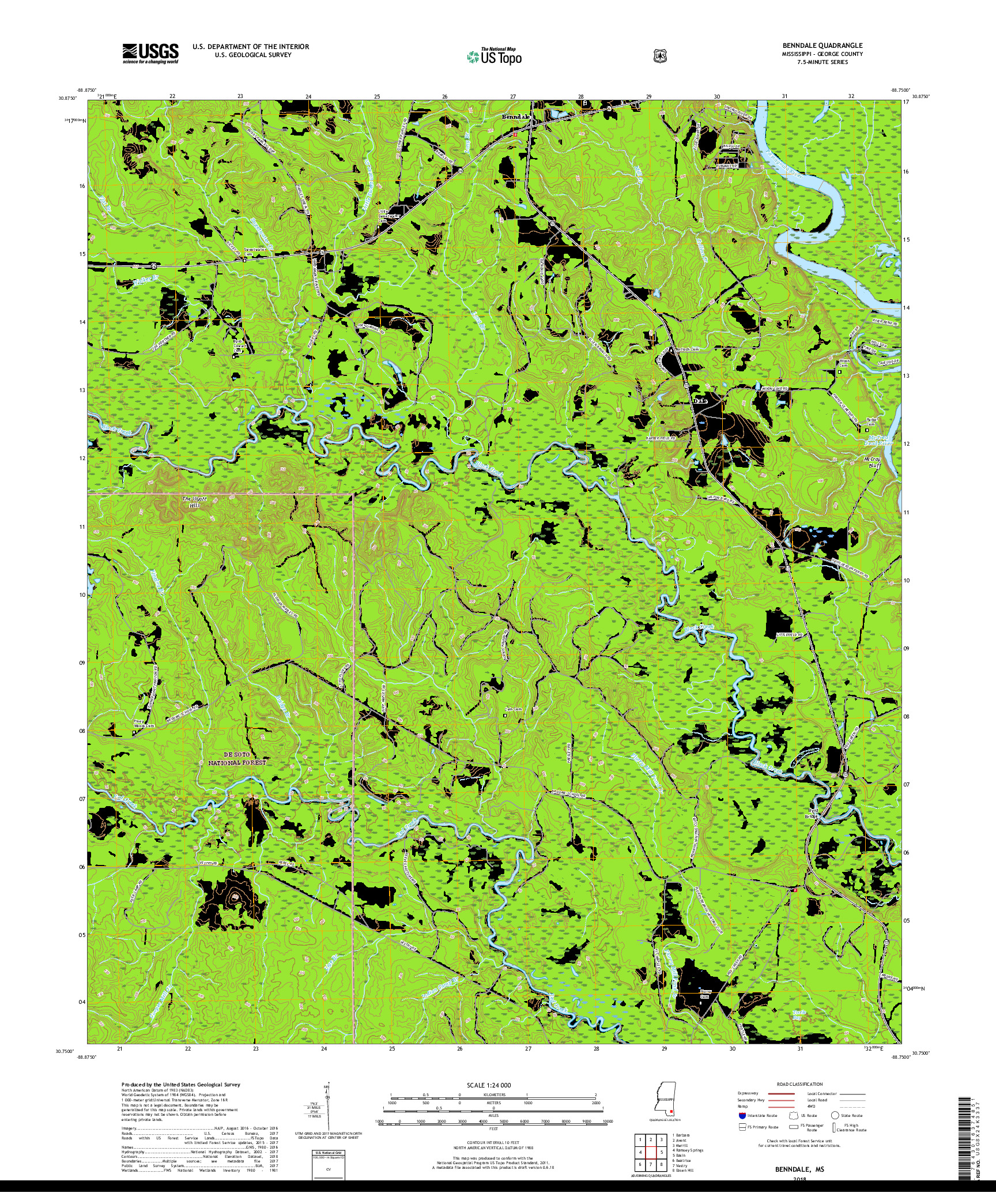 USGS US TOPO 7.5-MINUTE MAP FOR BENNDALE, MS 2018