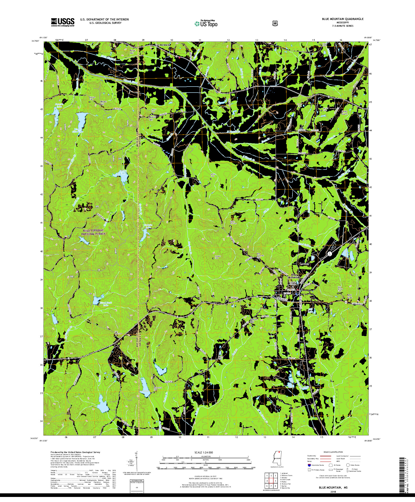 USGS US TOPO 7.5-MINUTE MAP FOR BLUE MOUNTAIN, MS 2018
