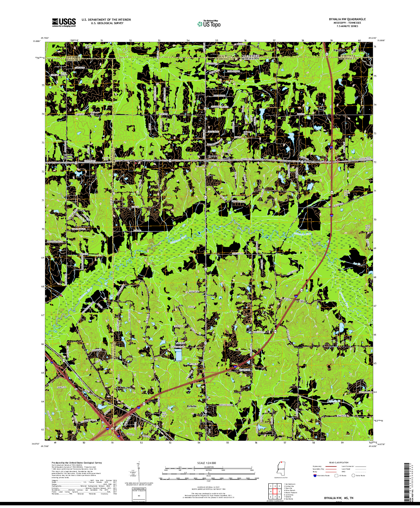 USGS US TOPO 7.5-MINUTE MAP FOR BYHALIA NW, MS,TN 2018