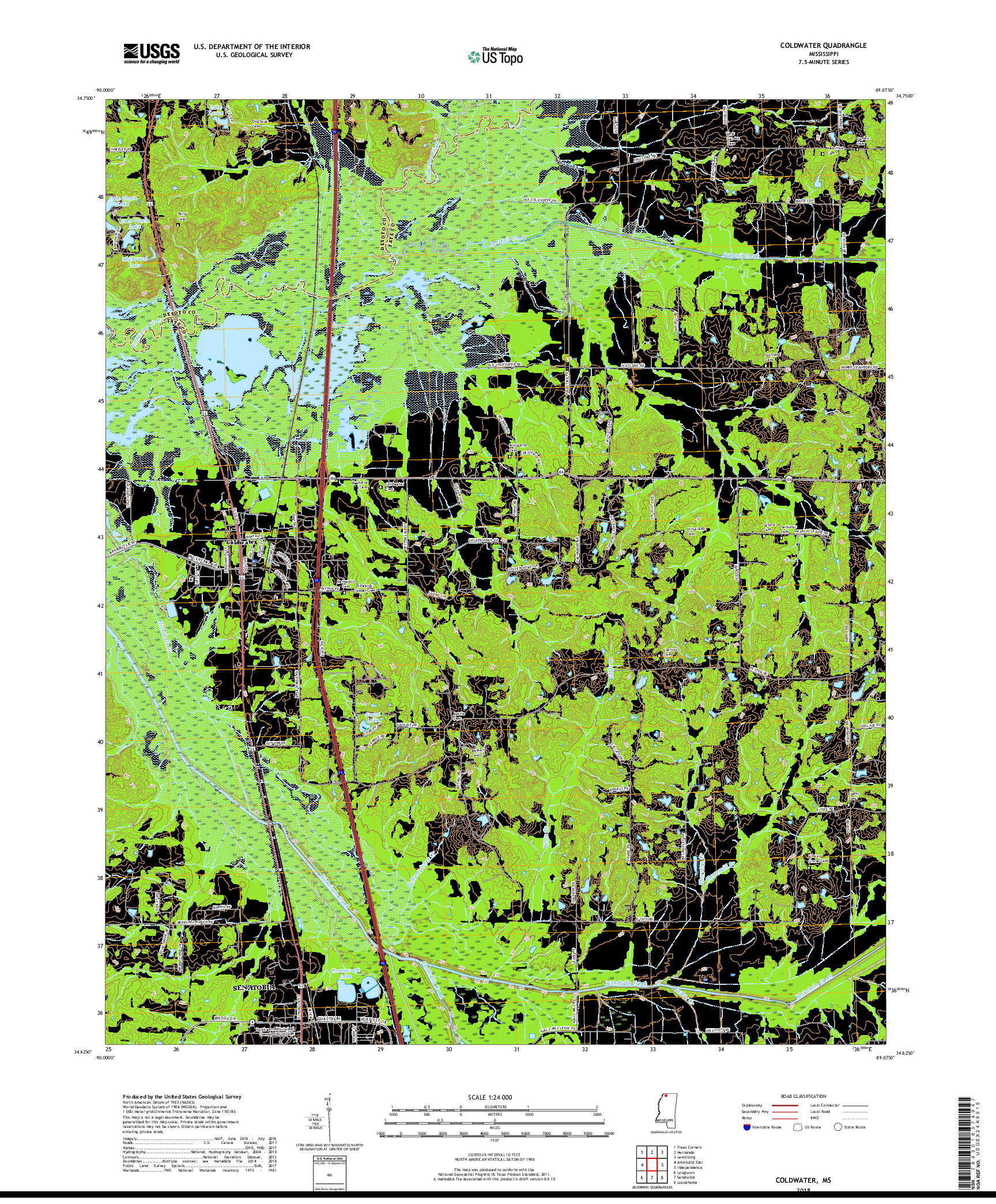 USGS US TOPO 7.5-MINUTE MAP FOR COLDWATER, MS 2018