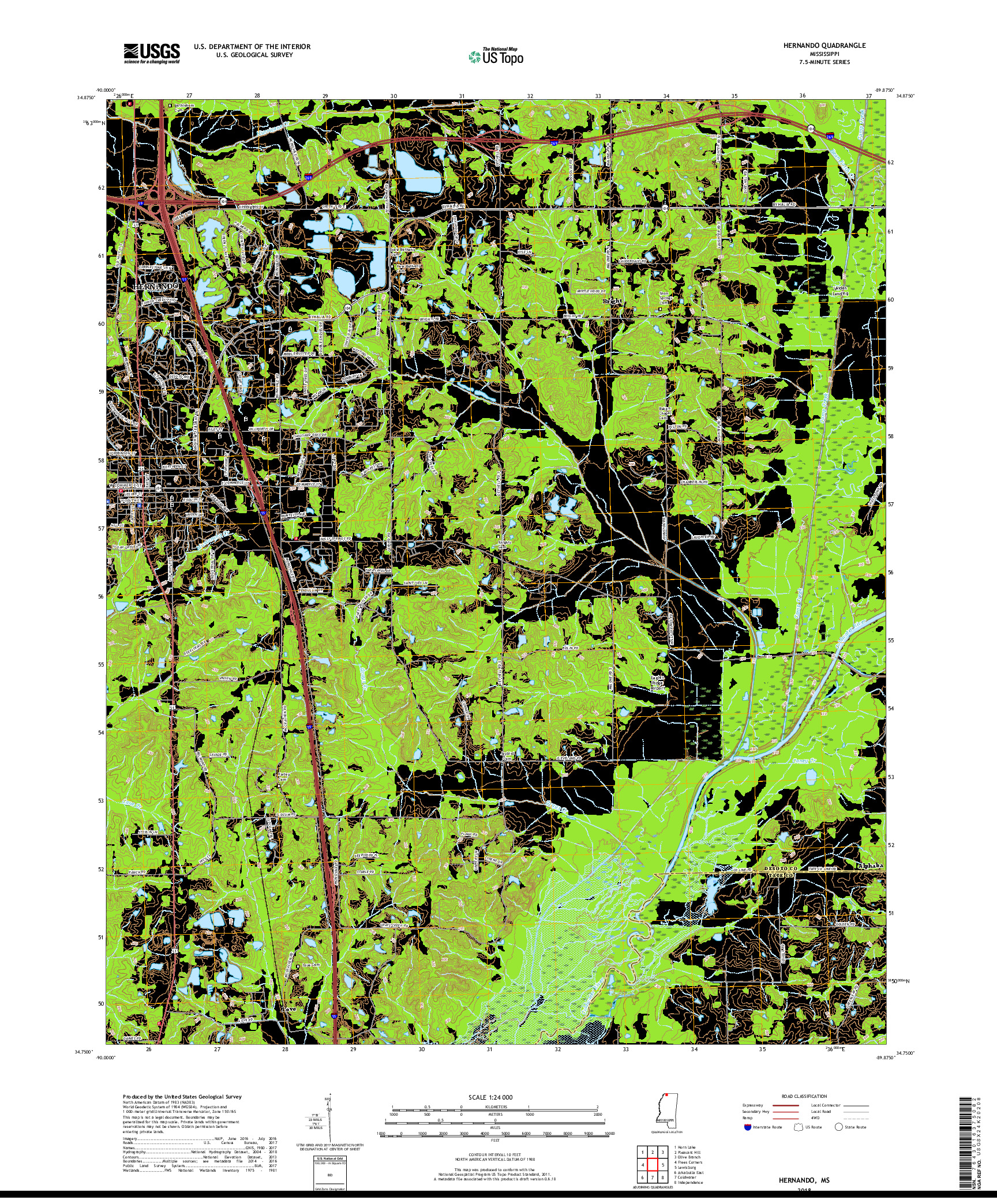 USGS US TOPO 7.5-MINUTE MAP FOR HERNANDO, MS 2018