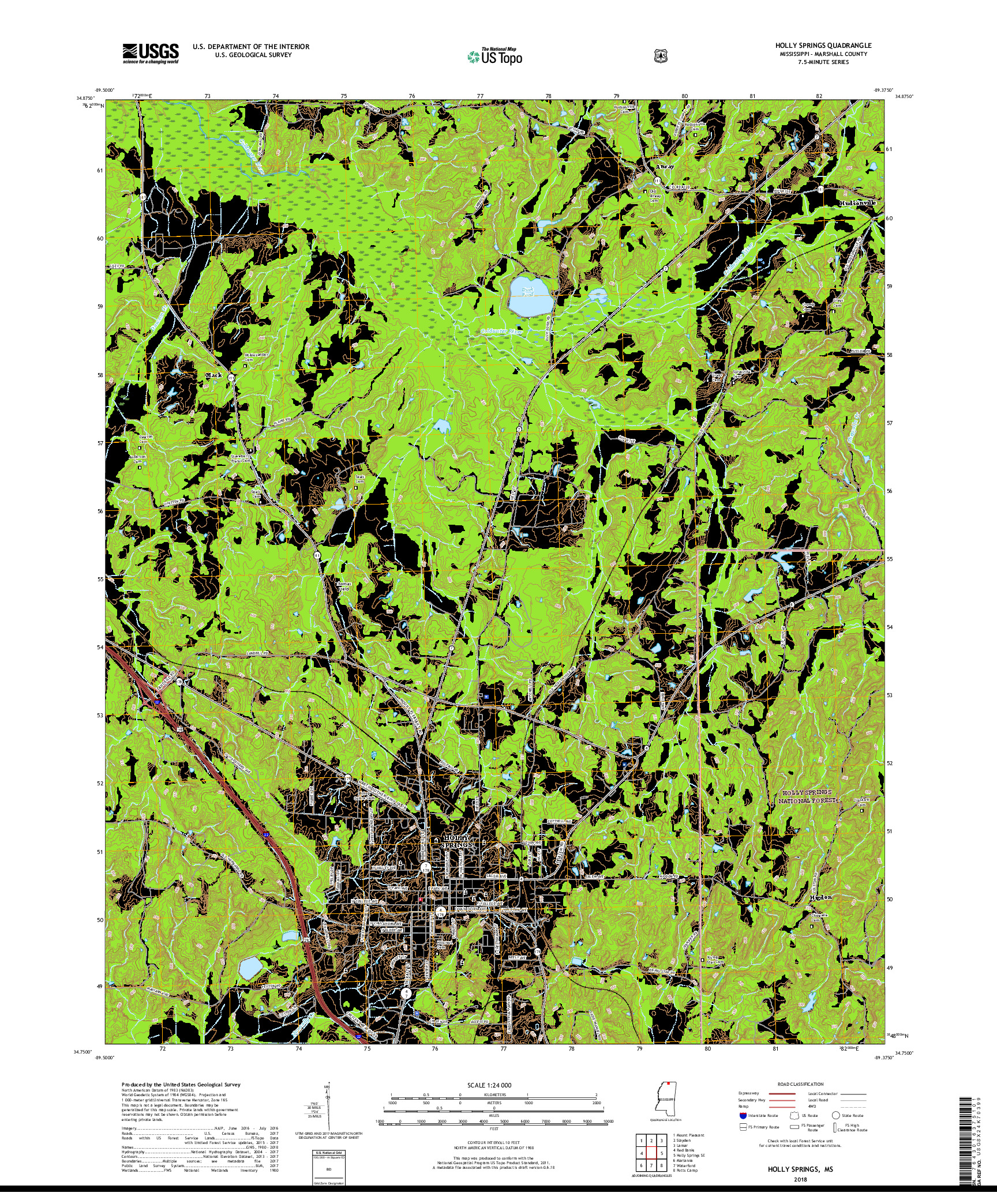 USGS US TOPO 7.5-MINUTE MAP FOR HOLLY SPRINGS, MS 2018