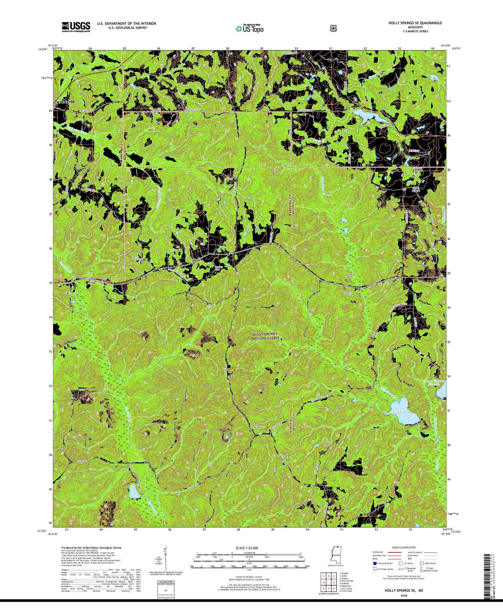 USGS US TOPO 7.5-MINUTE MAP FOR HOLLY SPRINGS SE, MS 2018