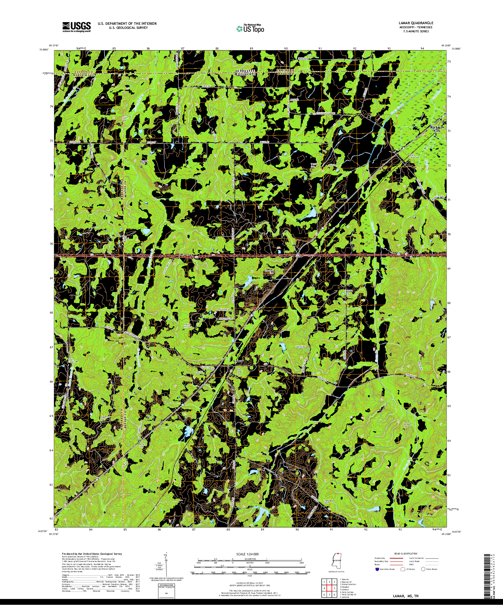 USGS US TOPO 7.5-MINUTE MAP FOR LAMAR, MS,TN 2018