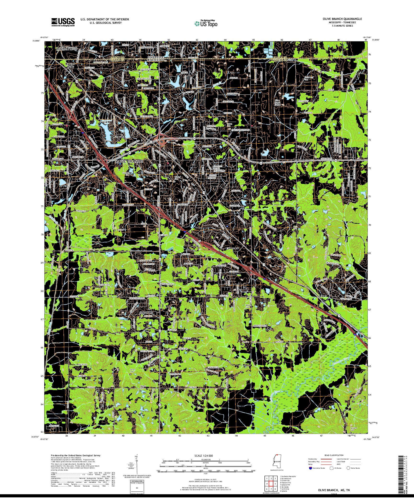 USGS US TOPO 7.5-MINUTE MAP FOR OLIVE BRANCH, MS,TN 2018