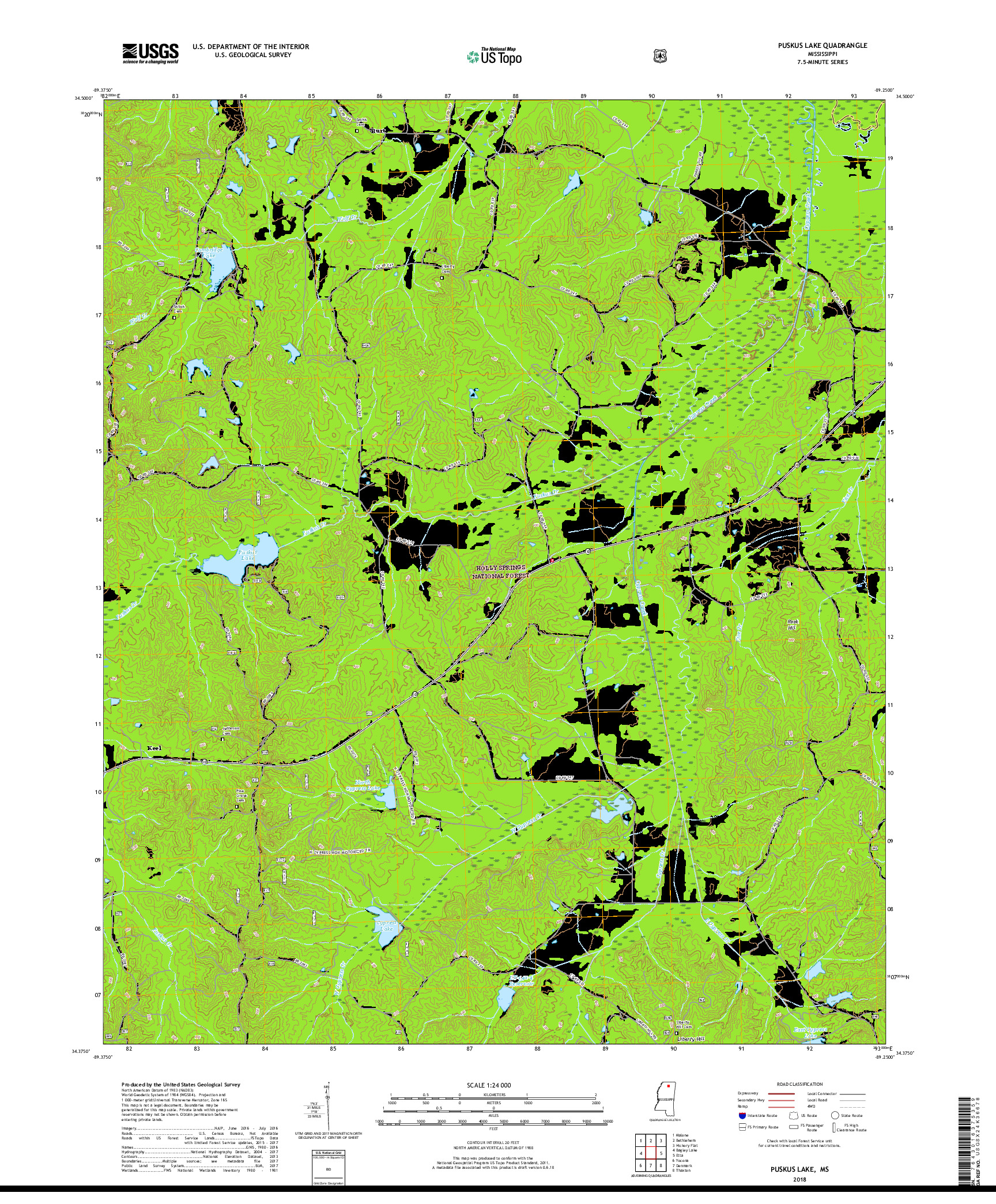 USGS US TOPO 7.5-MINUTE MAP FOR PUSKUS LAKE, MS 2018