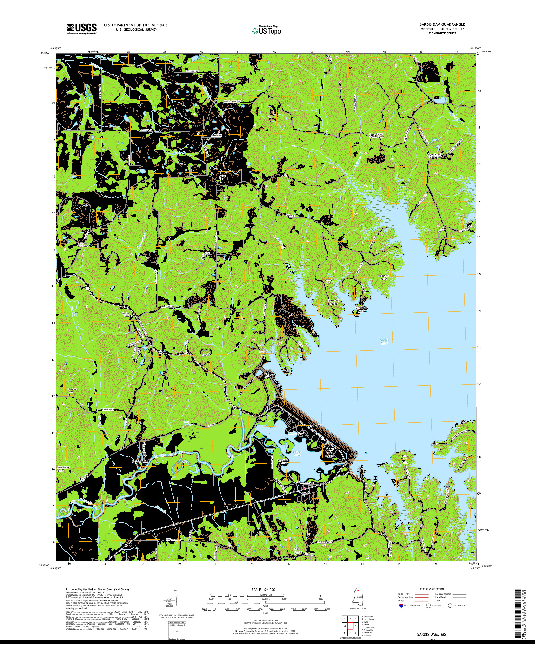 USGS US TOPO 7.5-MINUTE MAP FOR SARDIS DAM, MS 2018