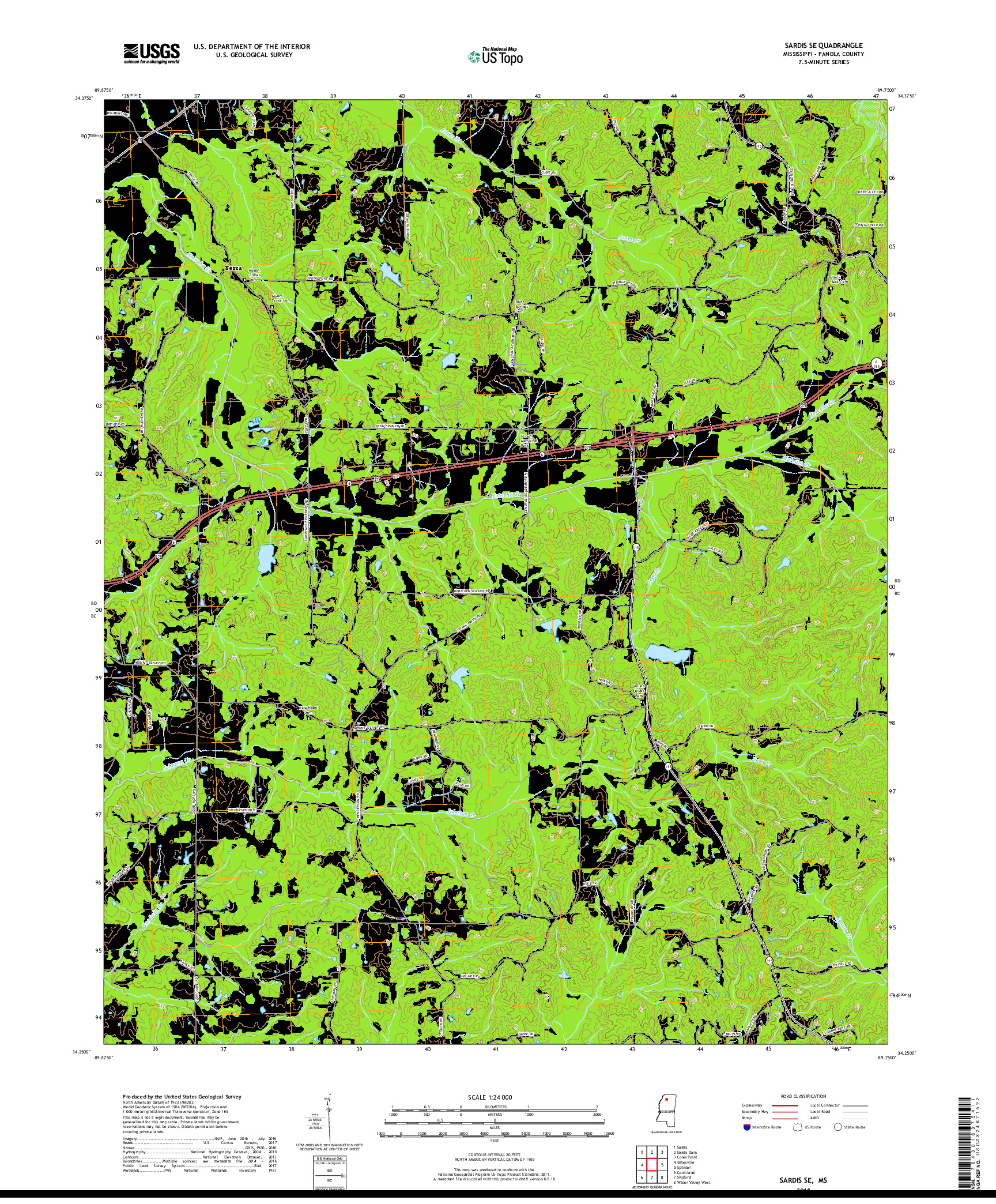 USGS US TOPO 7.5-MINUTE MAP FOR SARDIS SE, MS 2018