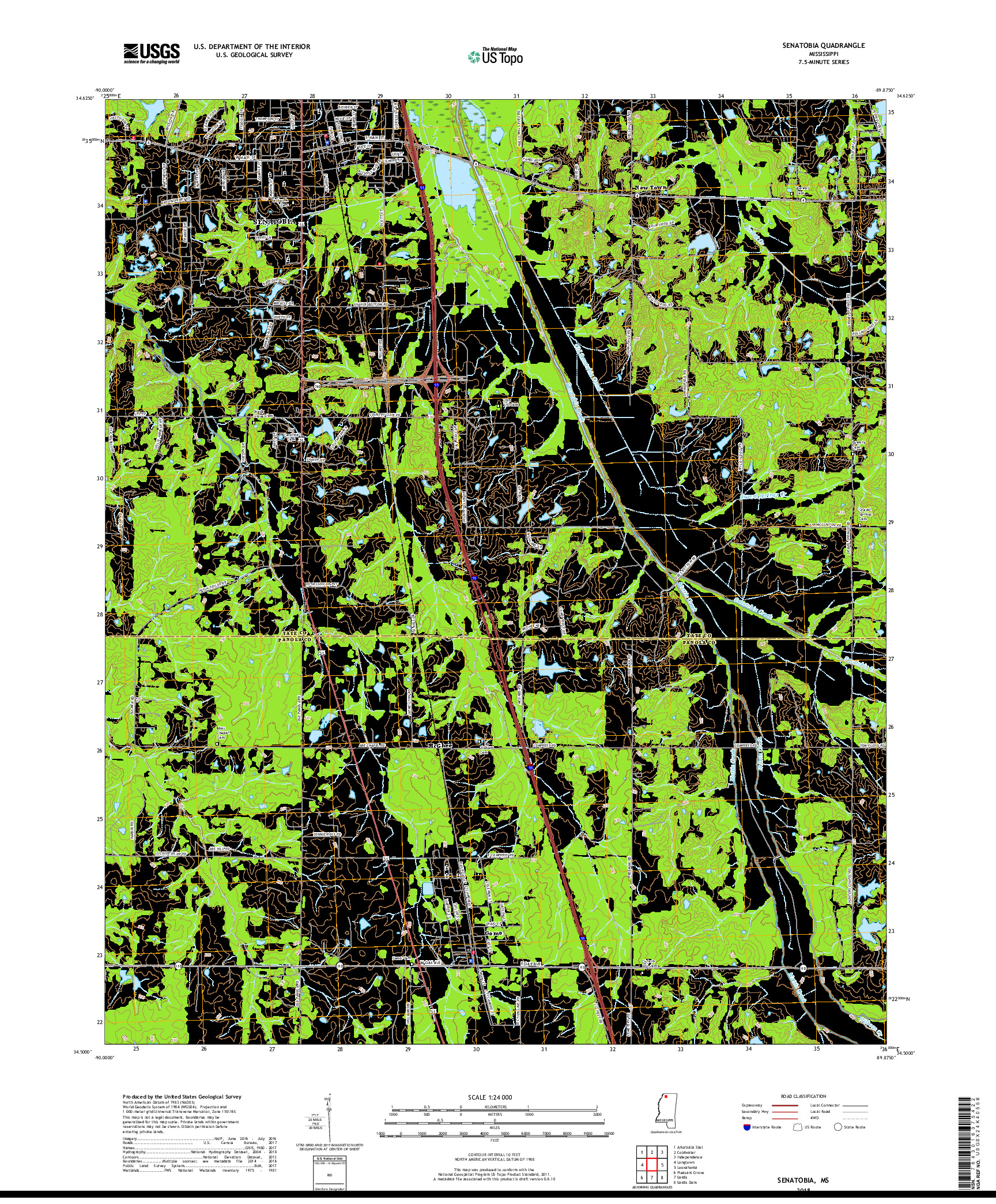 USGS US TOPO 7.5-MINUTE MAP FOR SENATOBIA, MS 2018