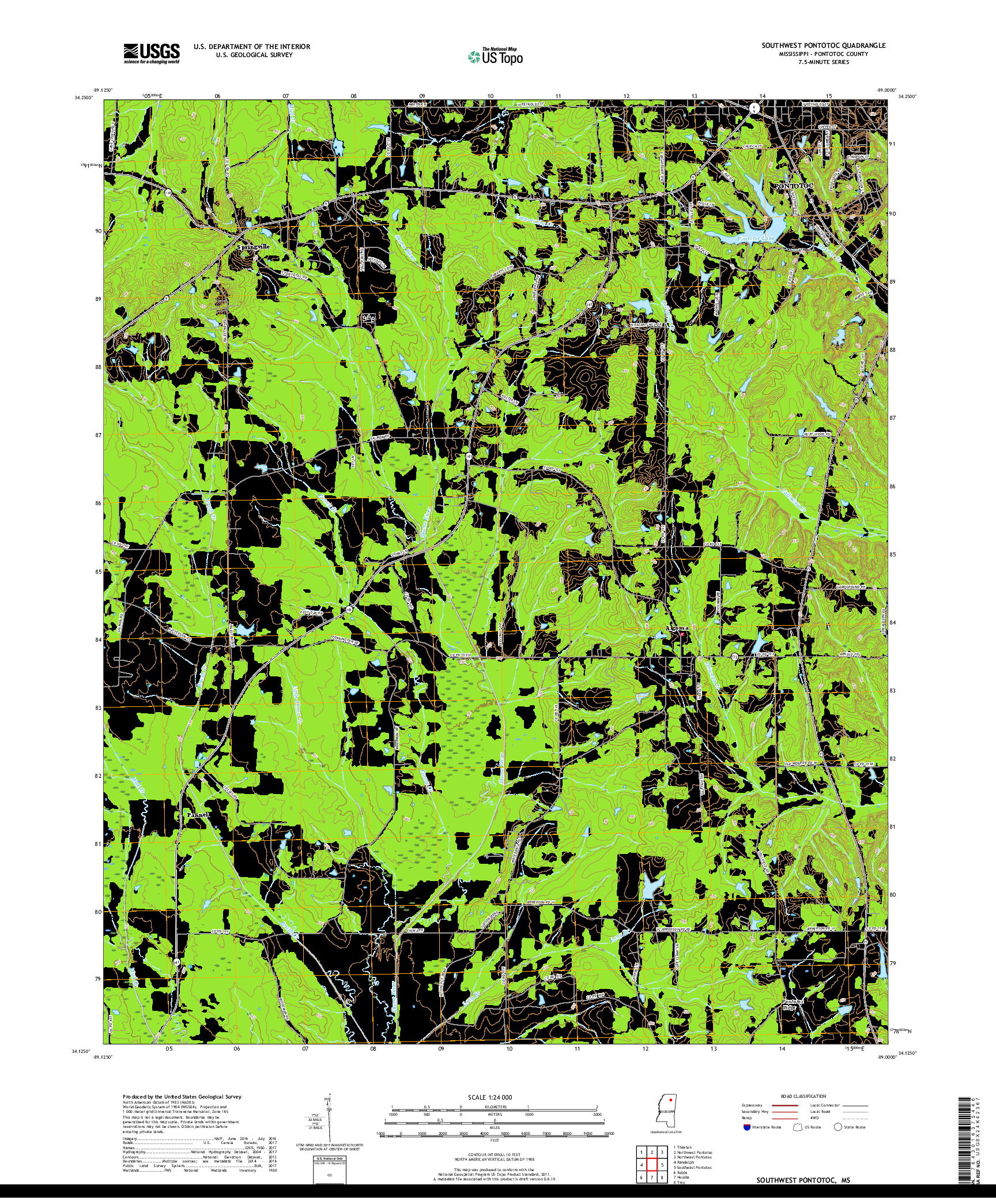 USGS US TOPO 7.5-MINUTE MAP FOR SOUTHWEST PONTOTOC, MS 2018