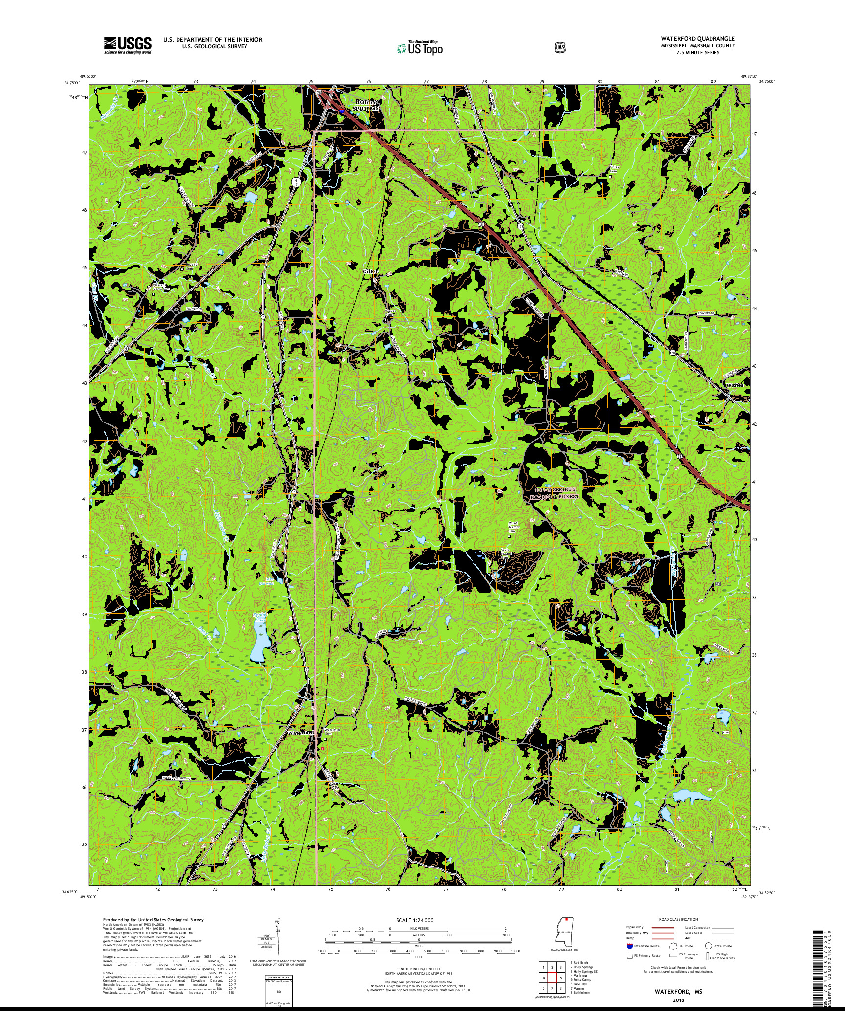 USGS US TOPO 7.5-MINUTE MAP FOR WATERFORD, MS 2018