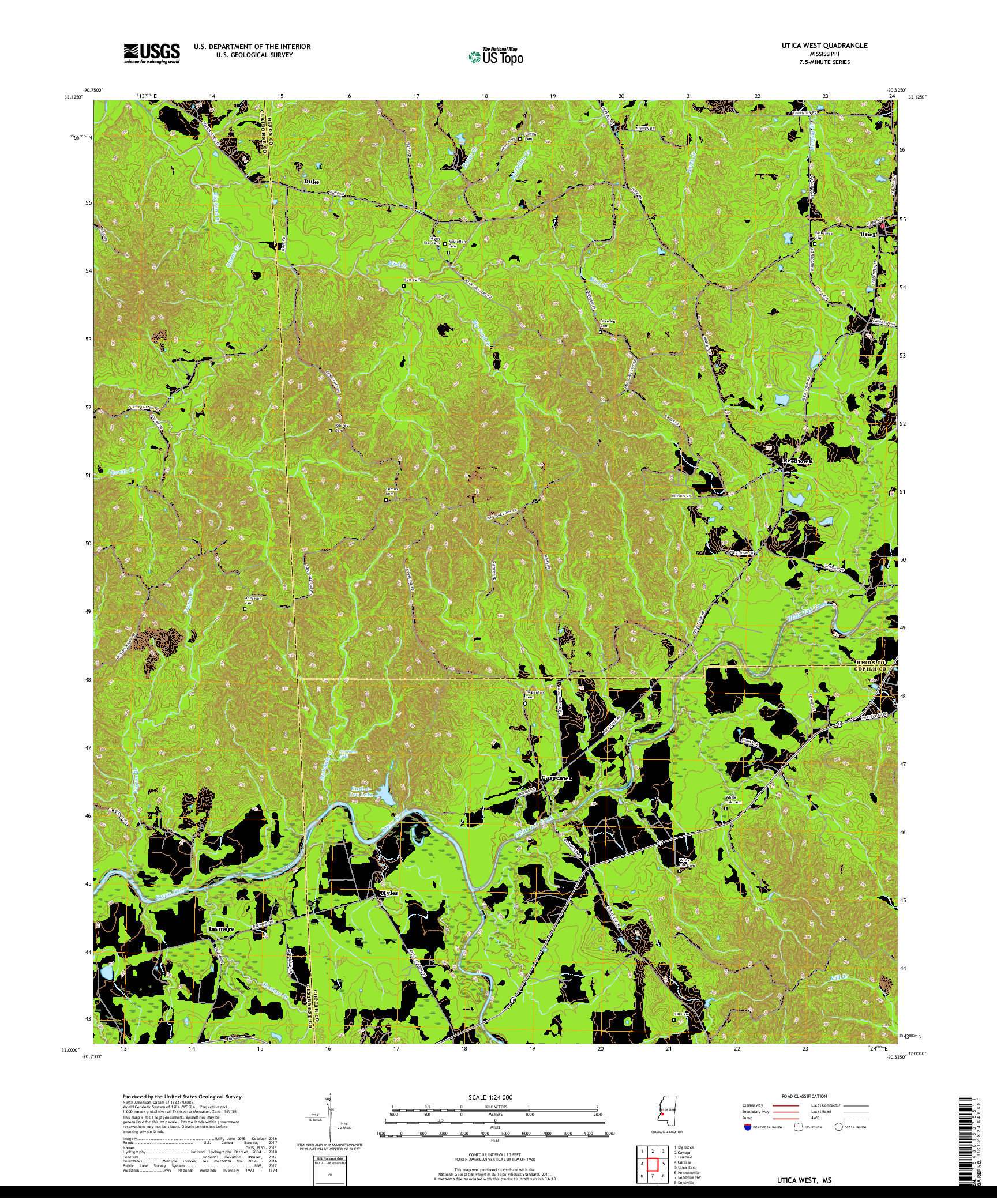 USGS US TOPO 7.5-MINUTE MAP FOR UTICA WEST, MS 2018