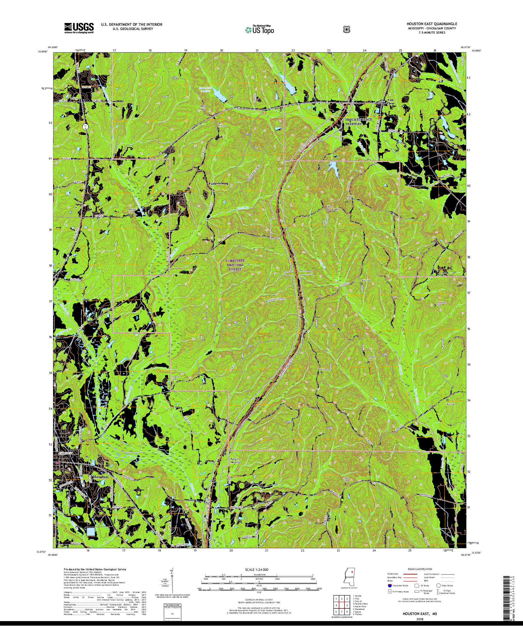 USGS US TOPO 7.5-MINUTE MAP FOR HOUSTON EAST, MS 2018