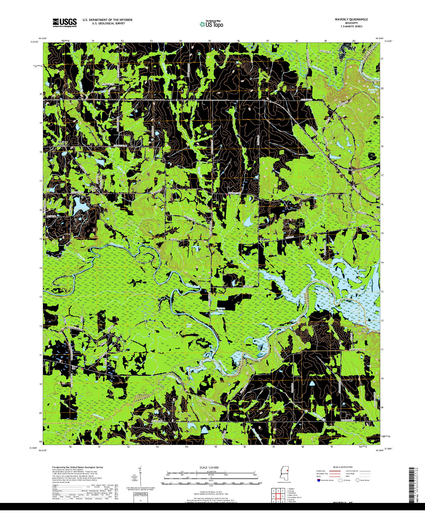 USGS US TOPO 7.5-MINUTE MAP FOR WAVERLY, MS 2018