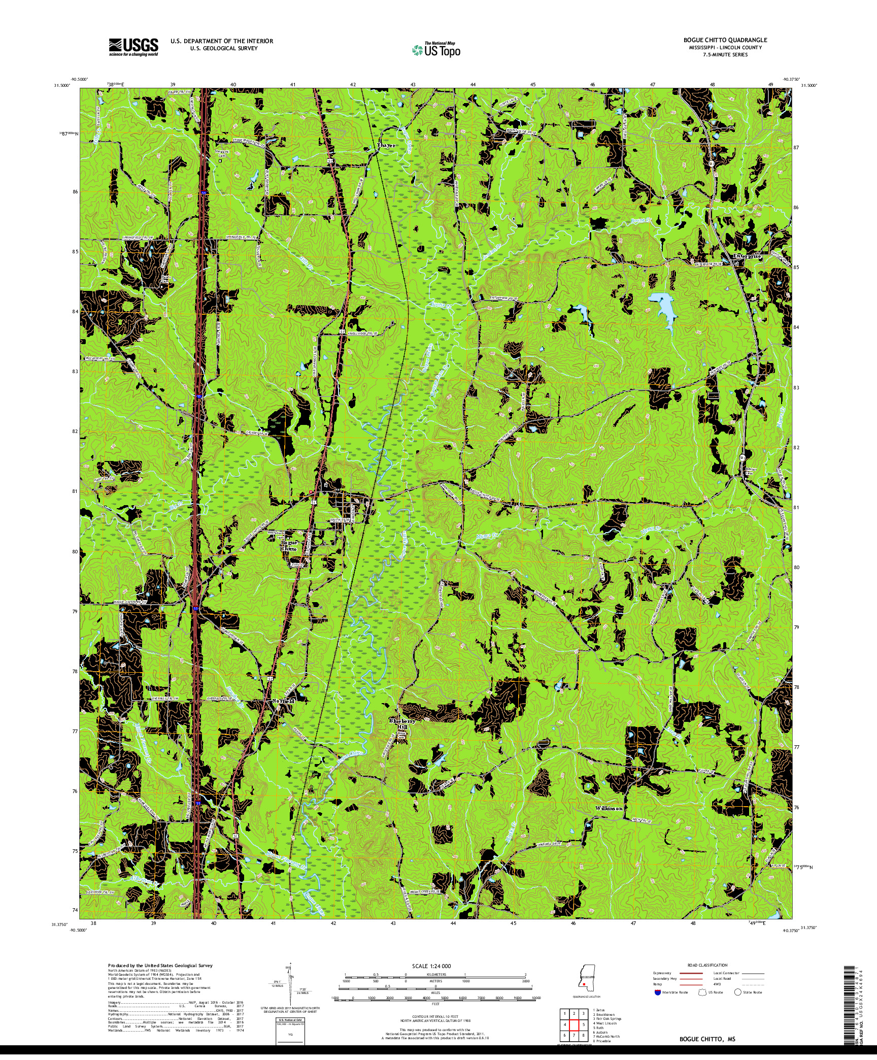 USGS US TOPO 7.5-MINUTE MAP FOR BOGUE CHITTO, MS 2018