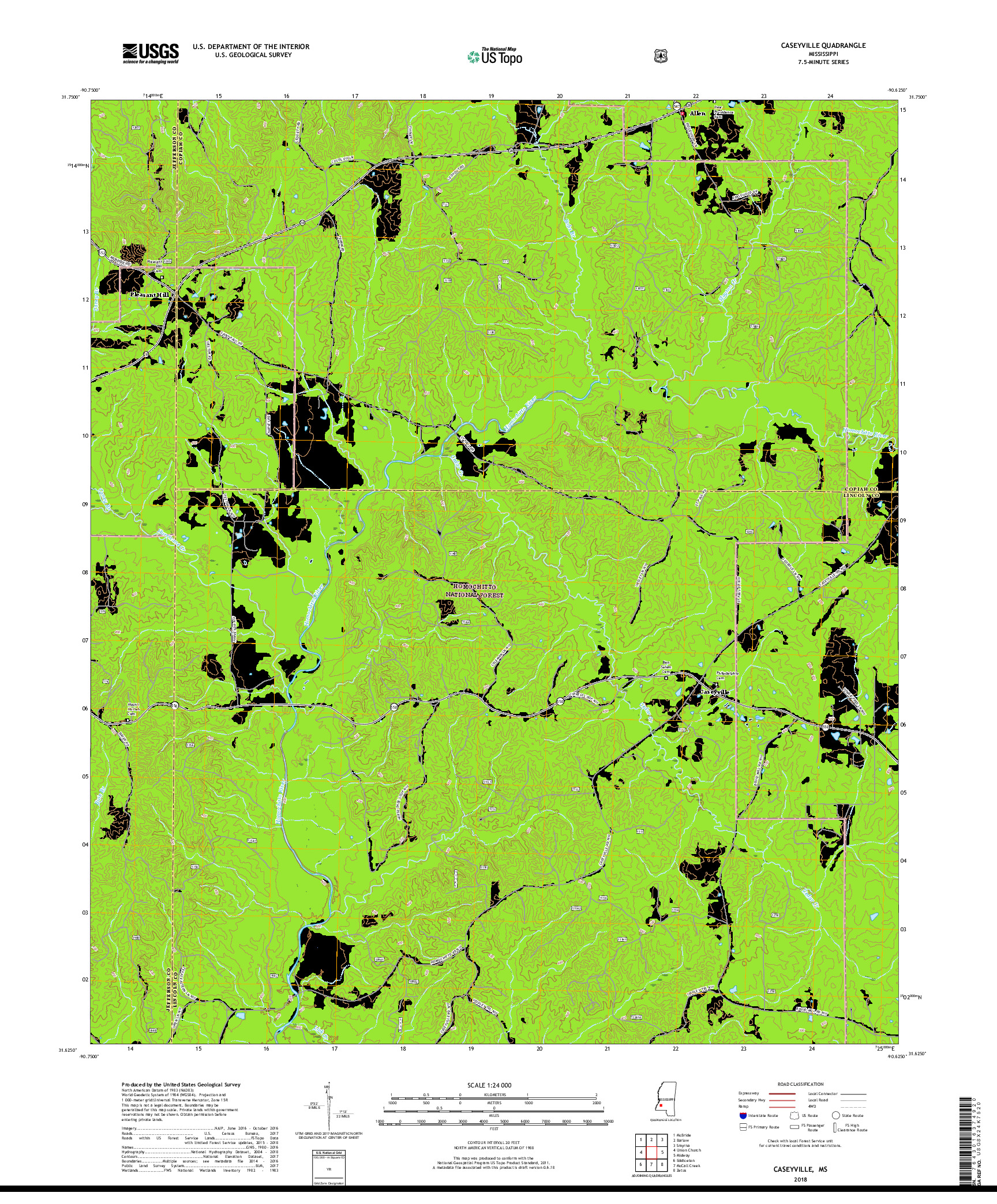 USGS US TOPO 7.5-MINUTE MAP FOR CASEYVILLE, MS 2018