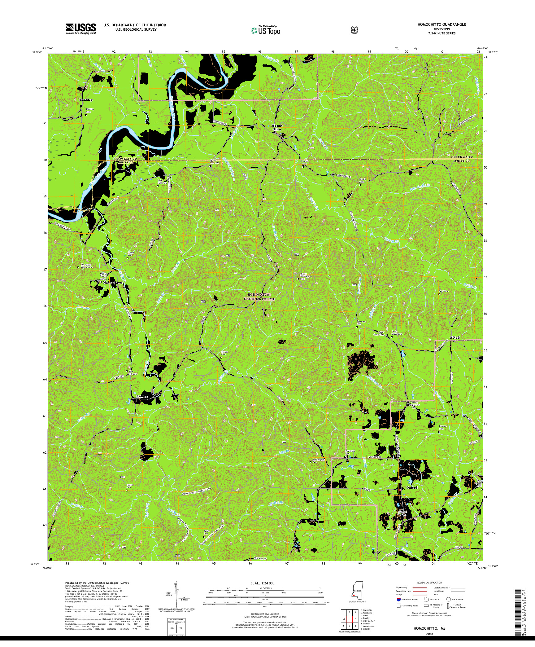 USGS US TOPO 7.5-MINUTE MAP FOR HOMOCHITTO, MS 2018