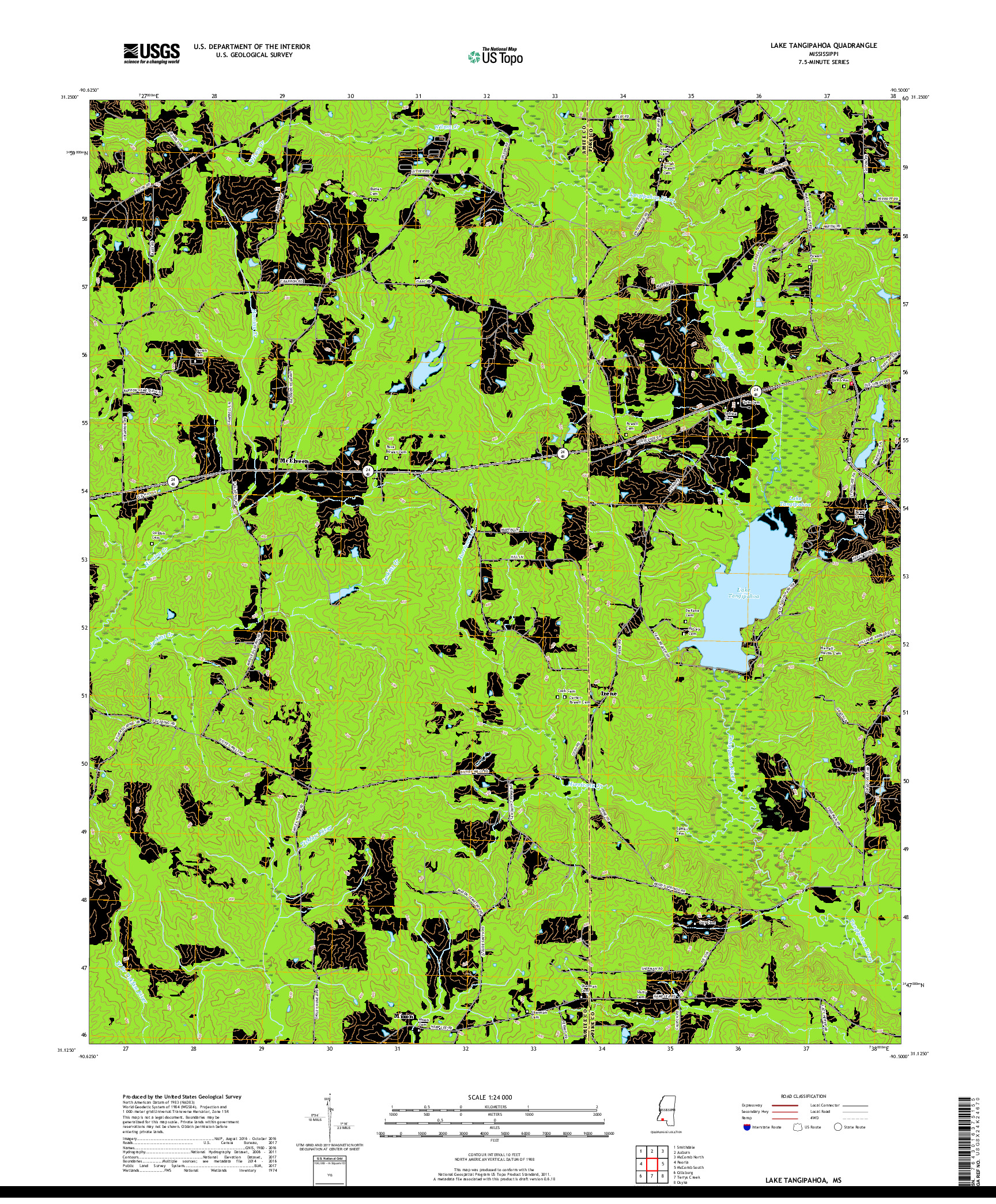 USGS US TOPO 7.5-MINUTE MAP FOR LAKE TANGIPAHOA, MS 2018