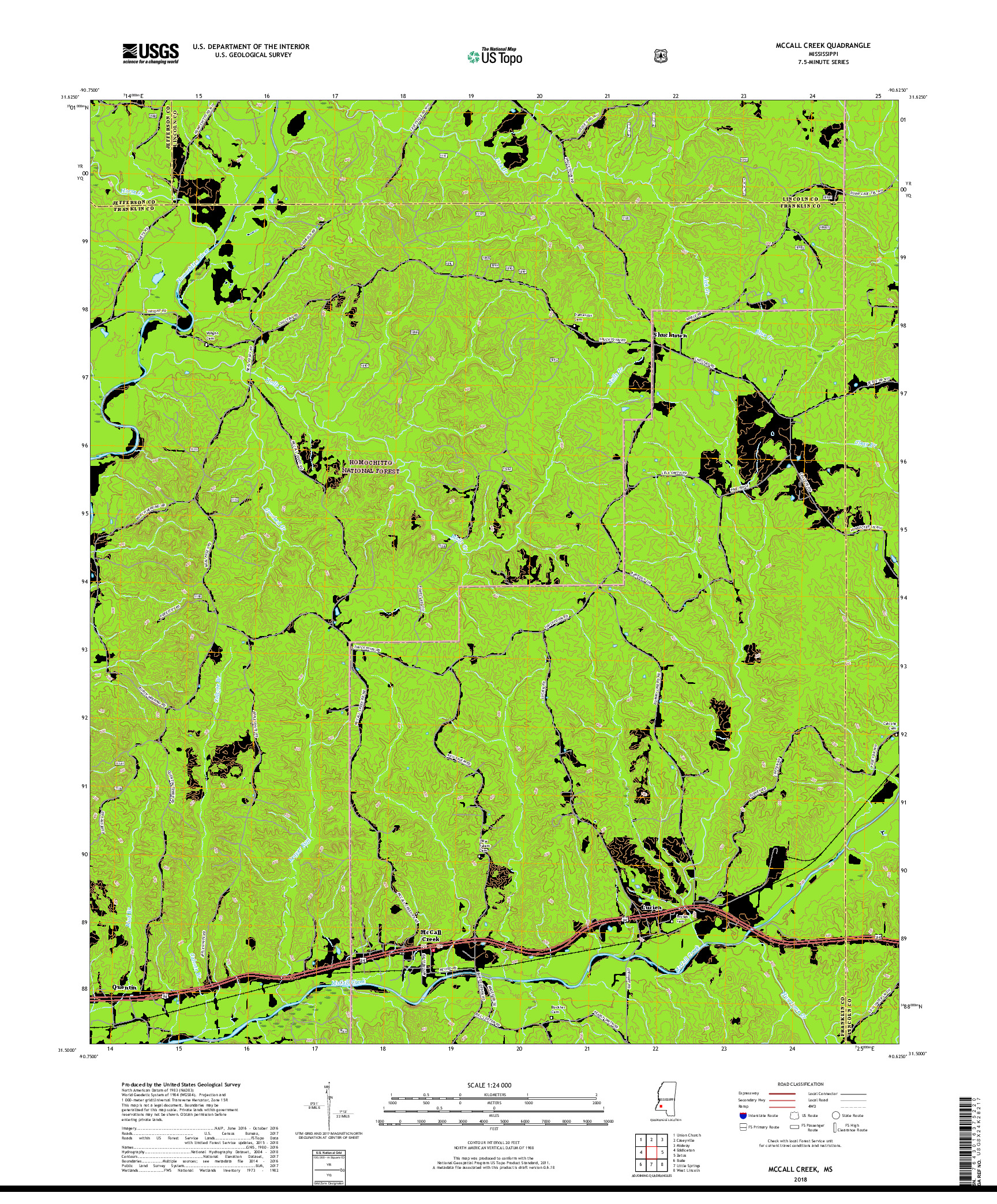 USGS US TOPO 7.5-MINUTE MAP FOR MCCALL CREEK, MS 2018