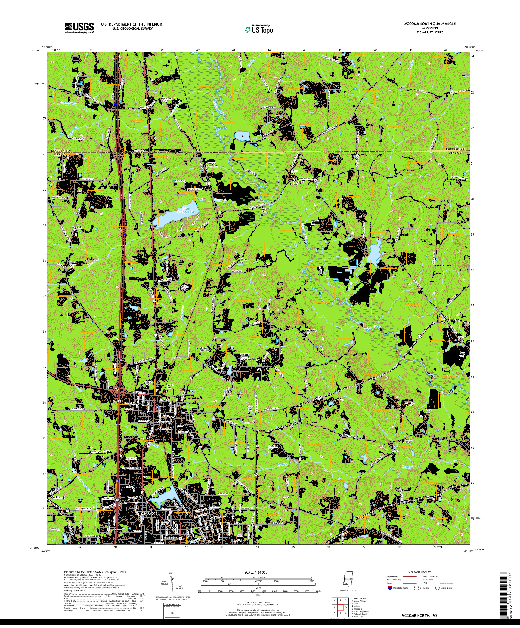 USGS US TOPO 7.5-MINUTE MAP FOR MCCOMB NORTH, MS 2018