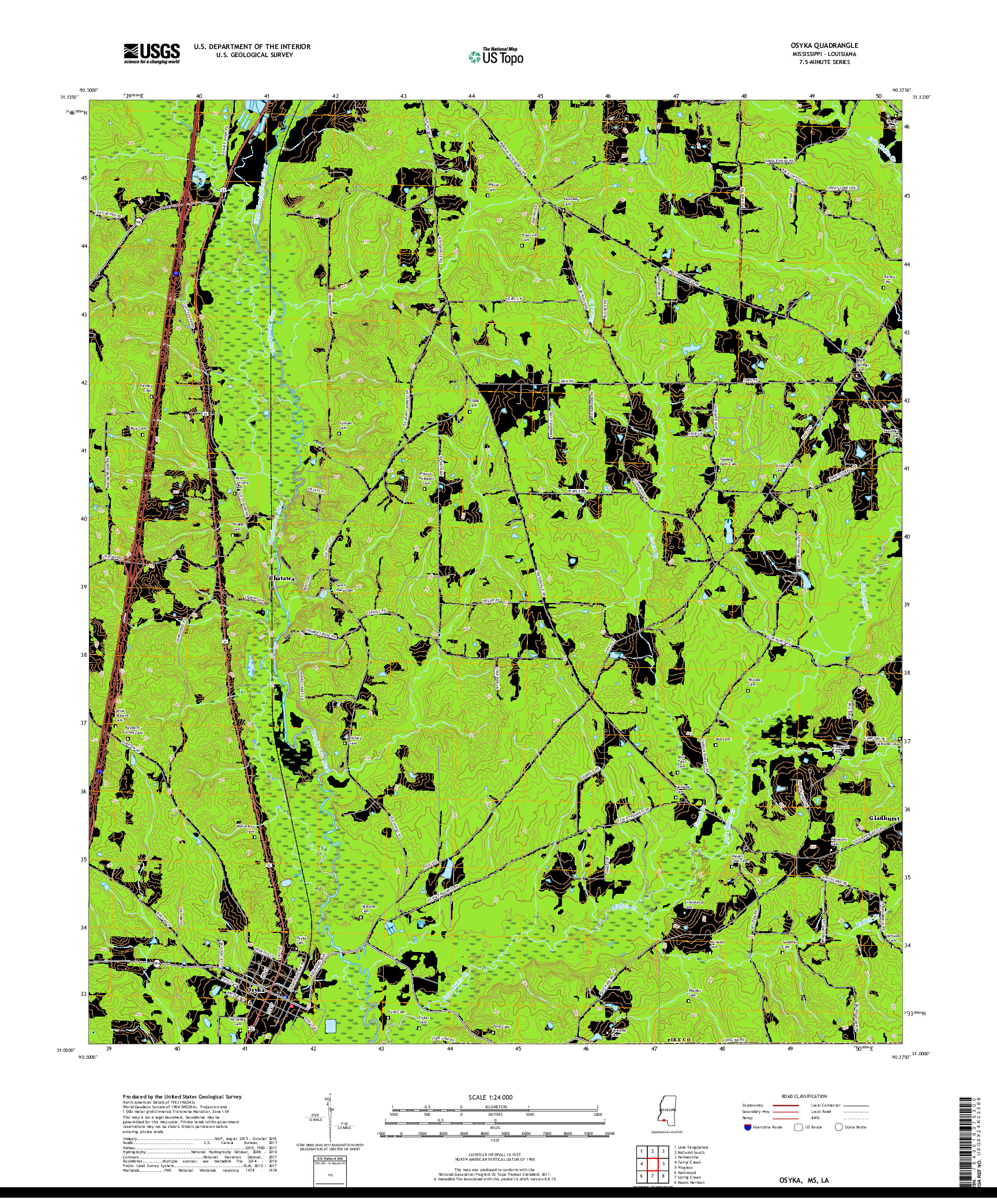 USGS US TOPO 7.5-MINUTE MAP FOR OSYKA, MS,LA 2018