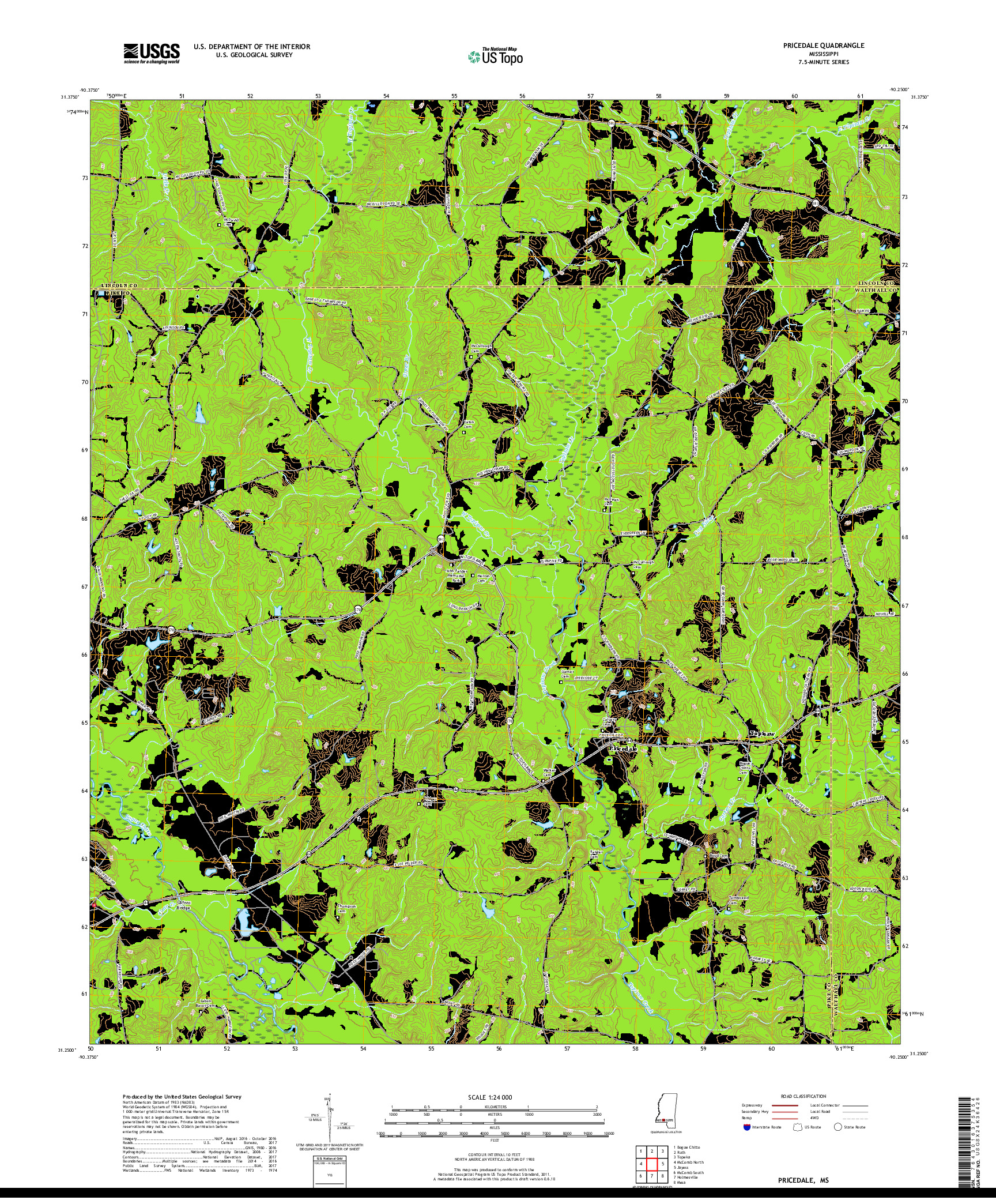 USGS US TOPO 7.5-MINUTE MAP FOR PRICEDALE, MS 2018