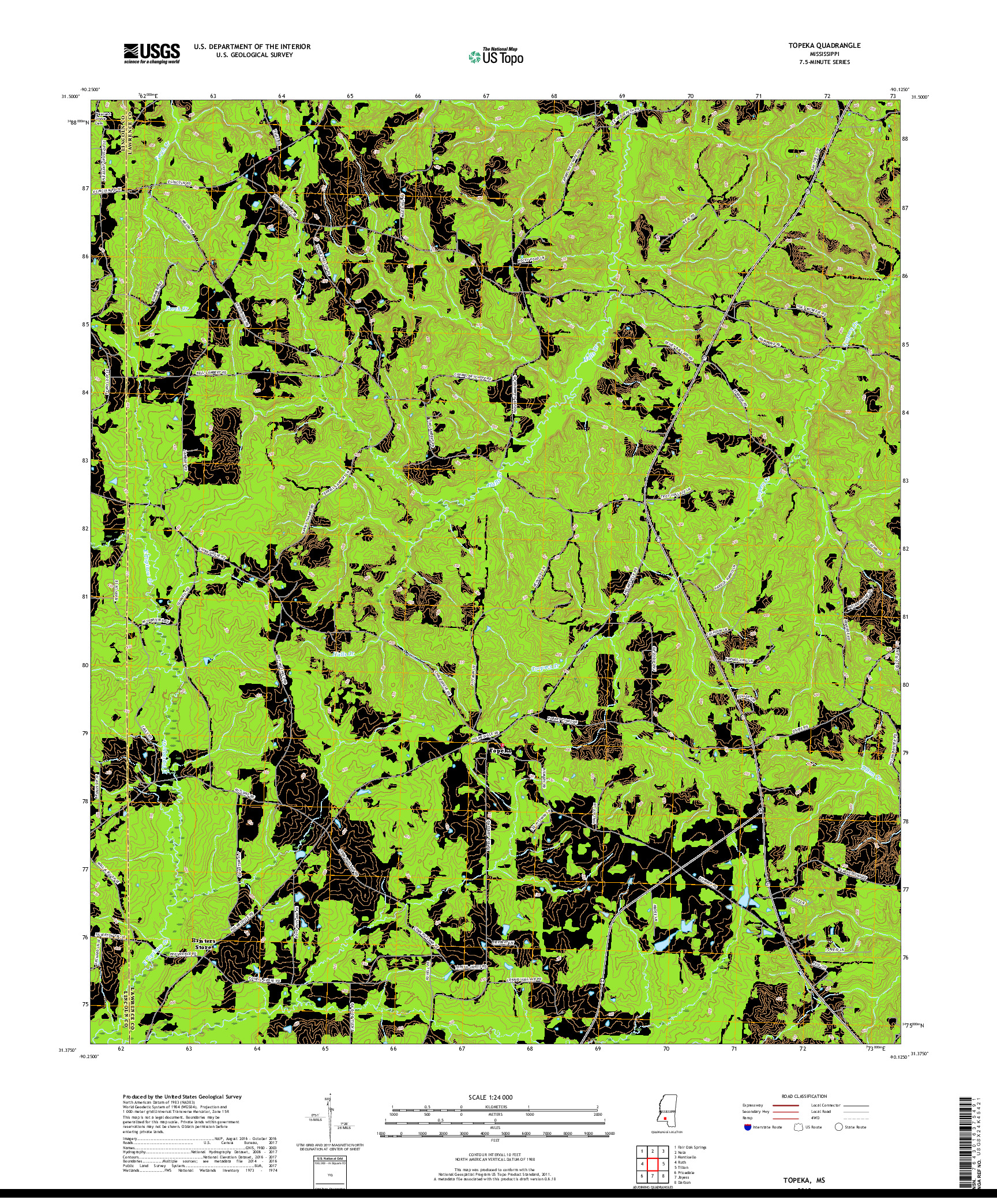 USGS US TOPO 7.5-MINUTE MAP FOR TOPEKA, MS 2018