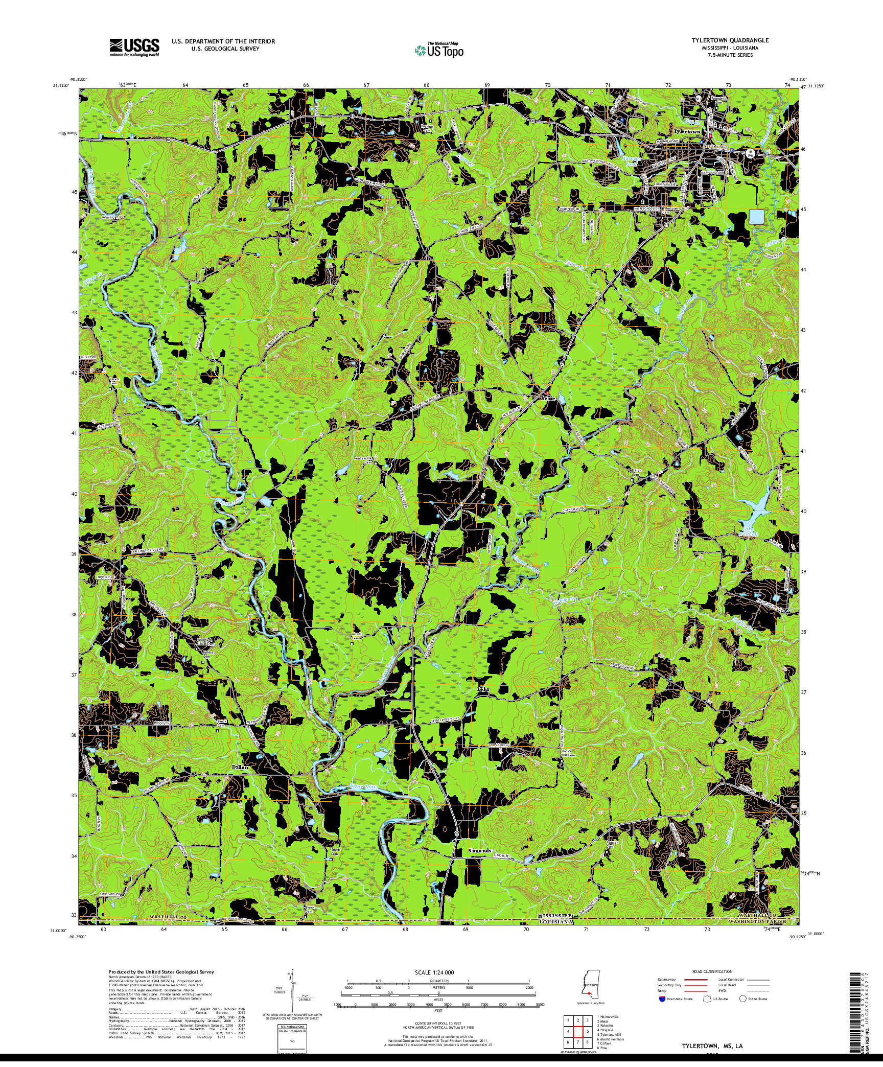 USGS US TOPO 7.5-MINUTE MAP FOR TYLERTOWN, MS,LA 2018