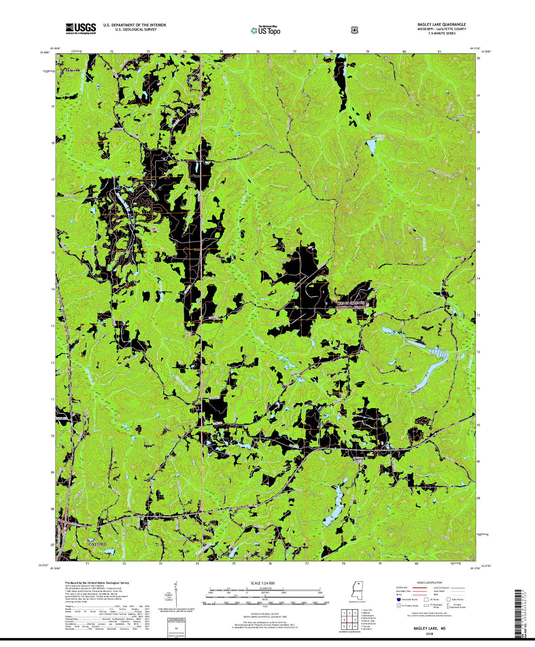 USGS US TOPO 7.5-MINUTE MAP FOR BAGLEY LAKE, MS 2018