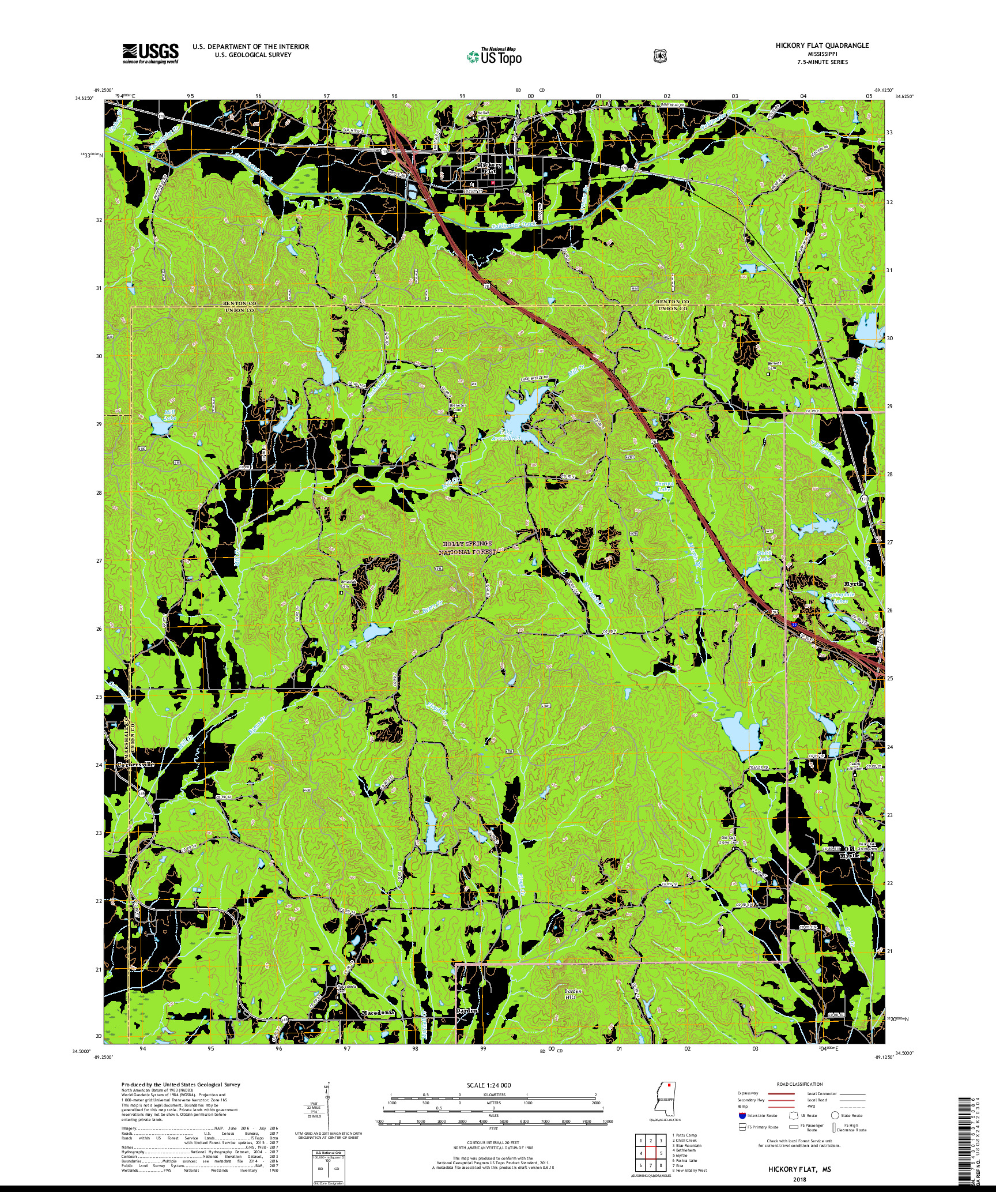 USGS US TOPO 7.5-MINUTE MAP FOR HICKORY FLAT, MS 2018