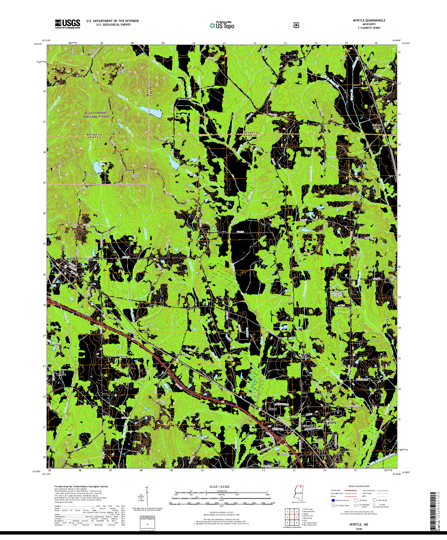 USGS US TOPO 7.5-MINUTE MAP FOR MYRTLE, MS 2018