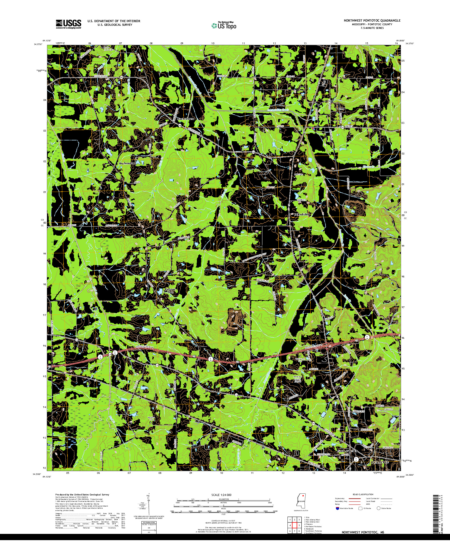 USGS US TOPO 7.5-MINUTE MAP FOR NORTHWEST PONTOTOC, MS 2018