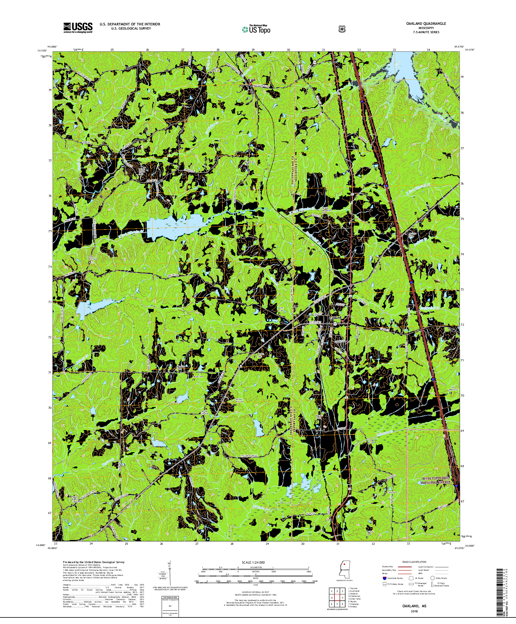 USGS US TOPO 7.5-MINUTE MAP FOR OAKLAND, MS 2018